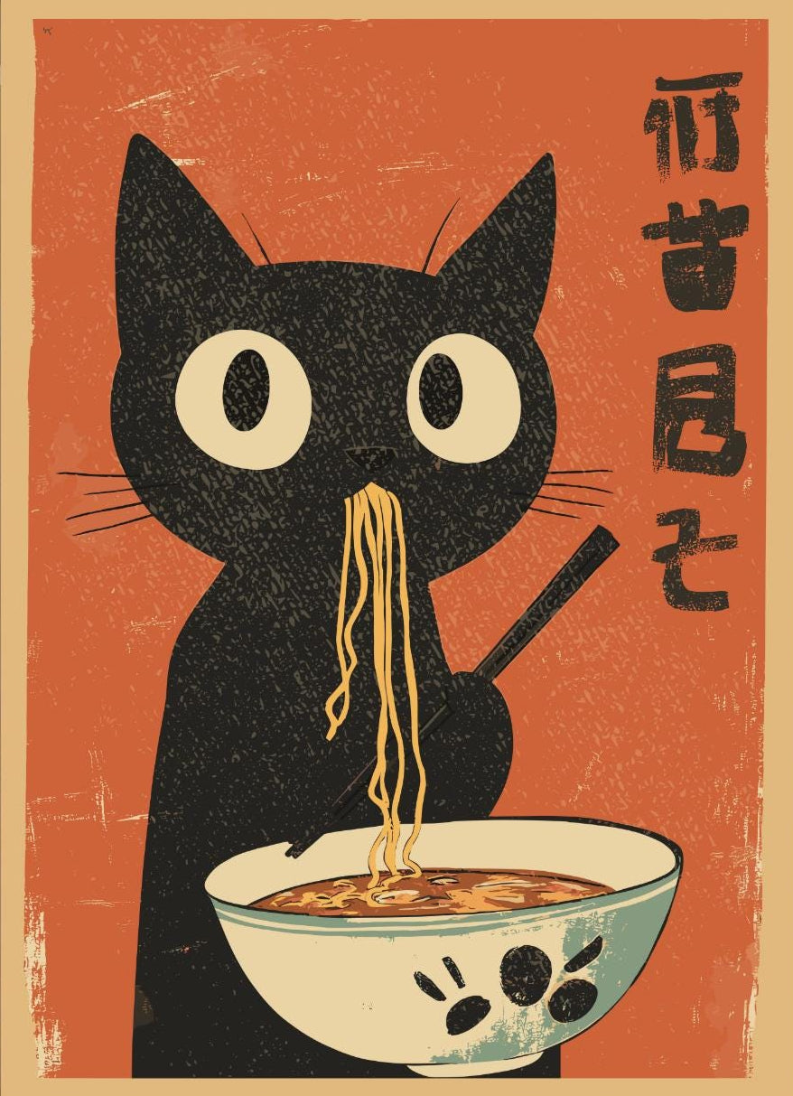 Comedic ramen-eating cat illustration with Asian-inspired details, great gift for cat owners and culinary fans.