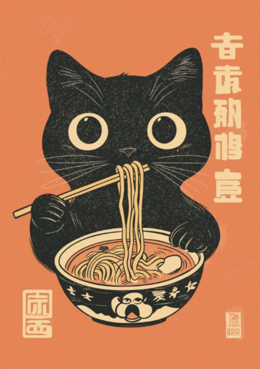 Whimsical cat eating ramen artwork, perfect for kitchen decor or as a quirky gift for cat and noodle fans.