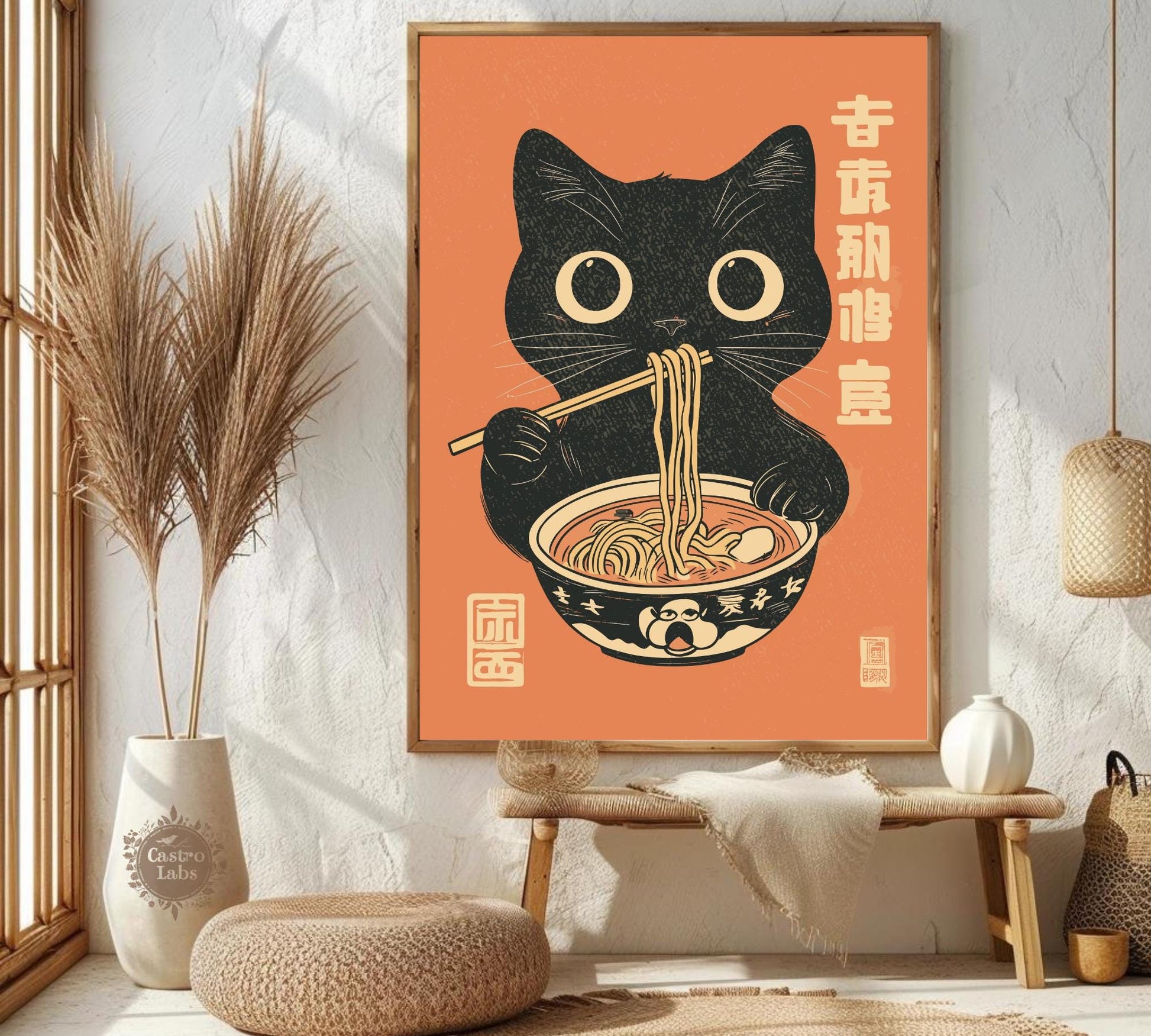 Artistic poster of a noodle-loving cat in vintage Japanese design, perfect for fun foodie or feline-themed decor.