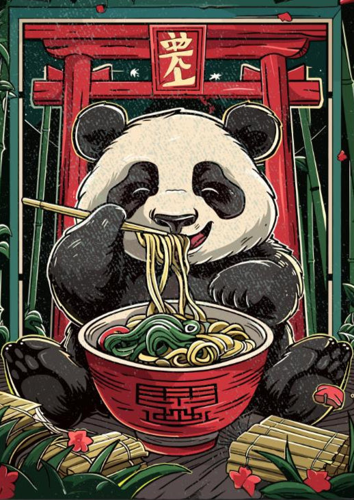 Funny panda ramen print with traditional Asian design, perfect for foodie or animal lovers.