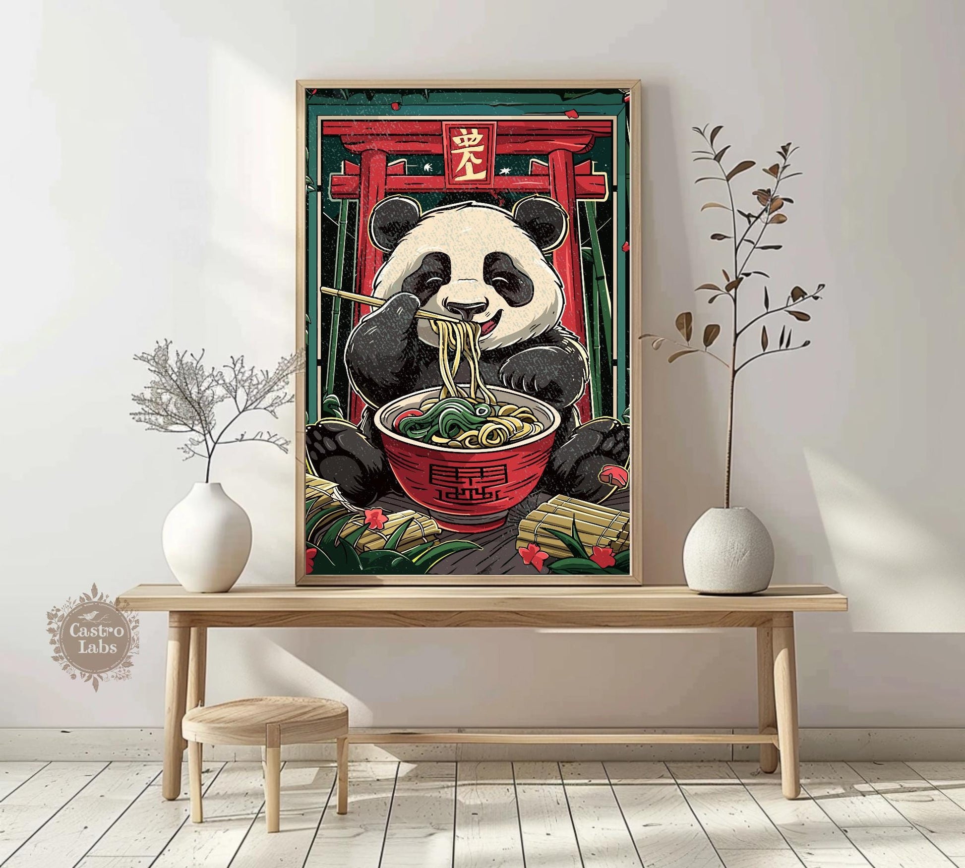 Playful ramen print featuring a panda, ideal for cozy, eclectic kitchen or dining space.