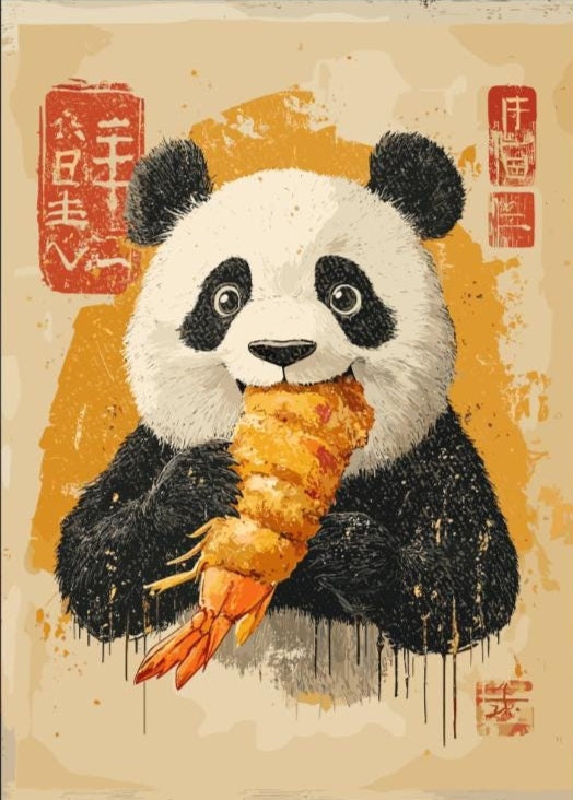Whimsical panda enjoying shrimp tempura, retro foodie-themed wall art.
