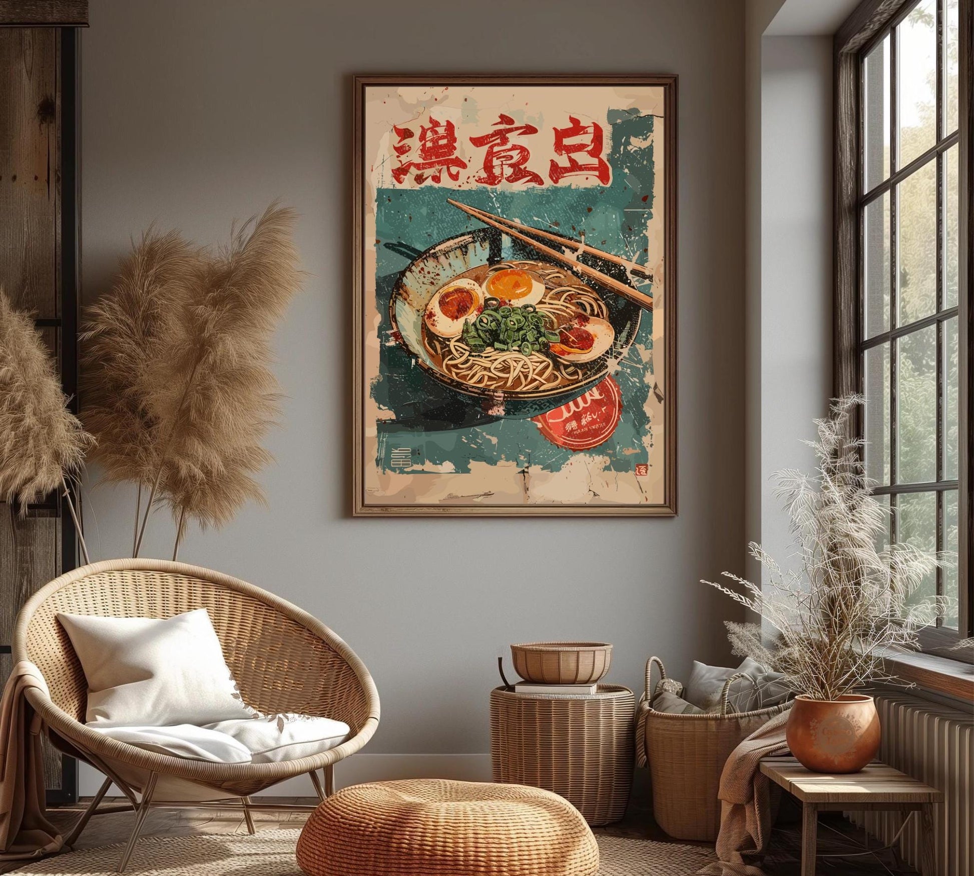 Colorful poster of cup noodles, ideal for student kitchen or casual decor.