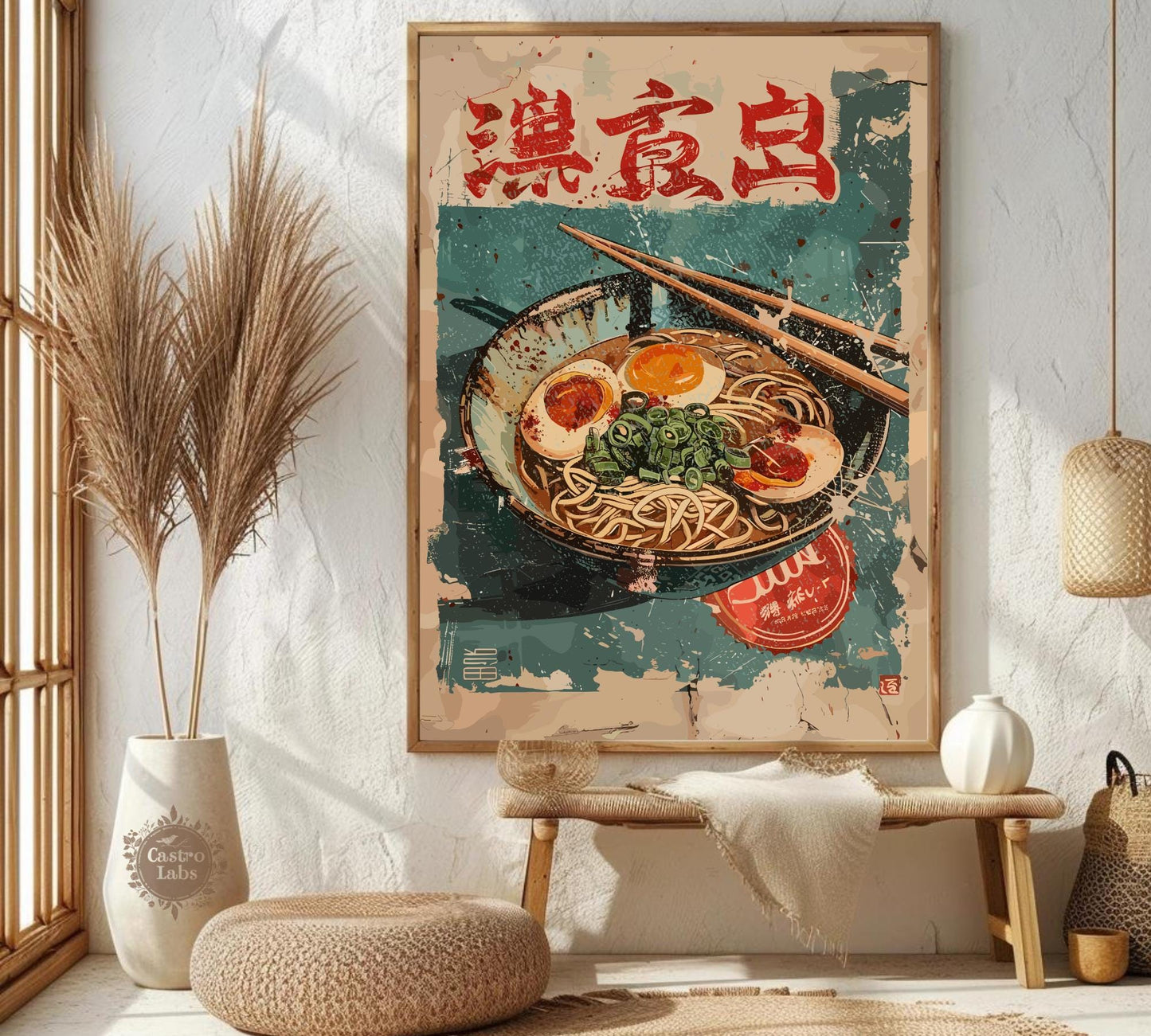 Japanese-style illustration of instant ramen, humorous food wall art.
