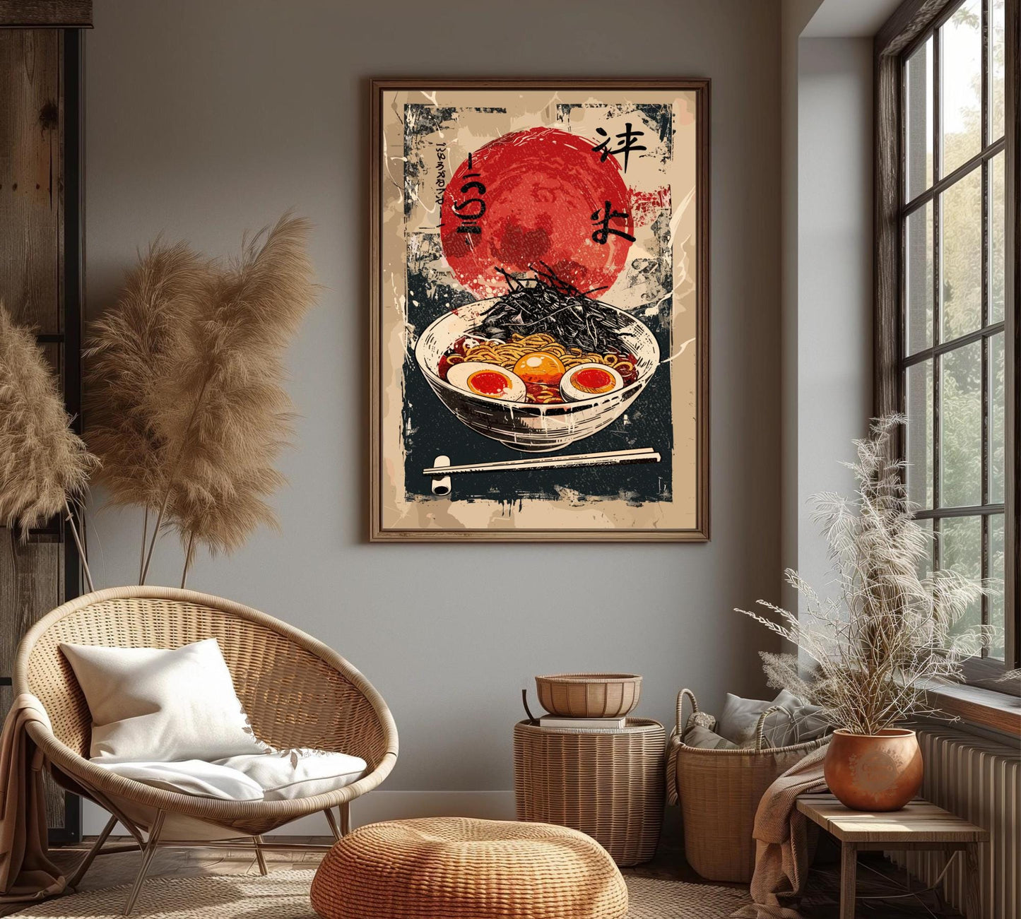 Kitchen wall art with ramen bowl and spicy accents, retro design.