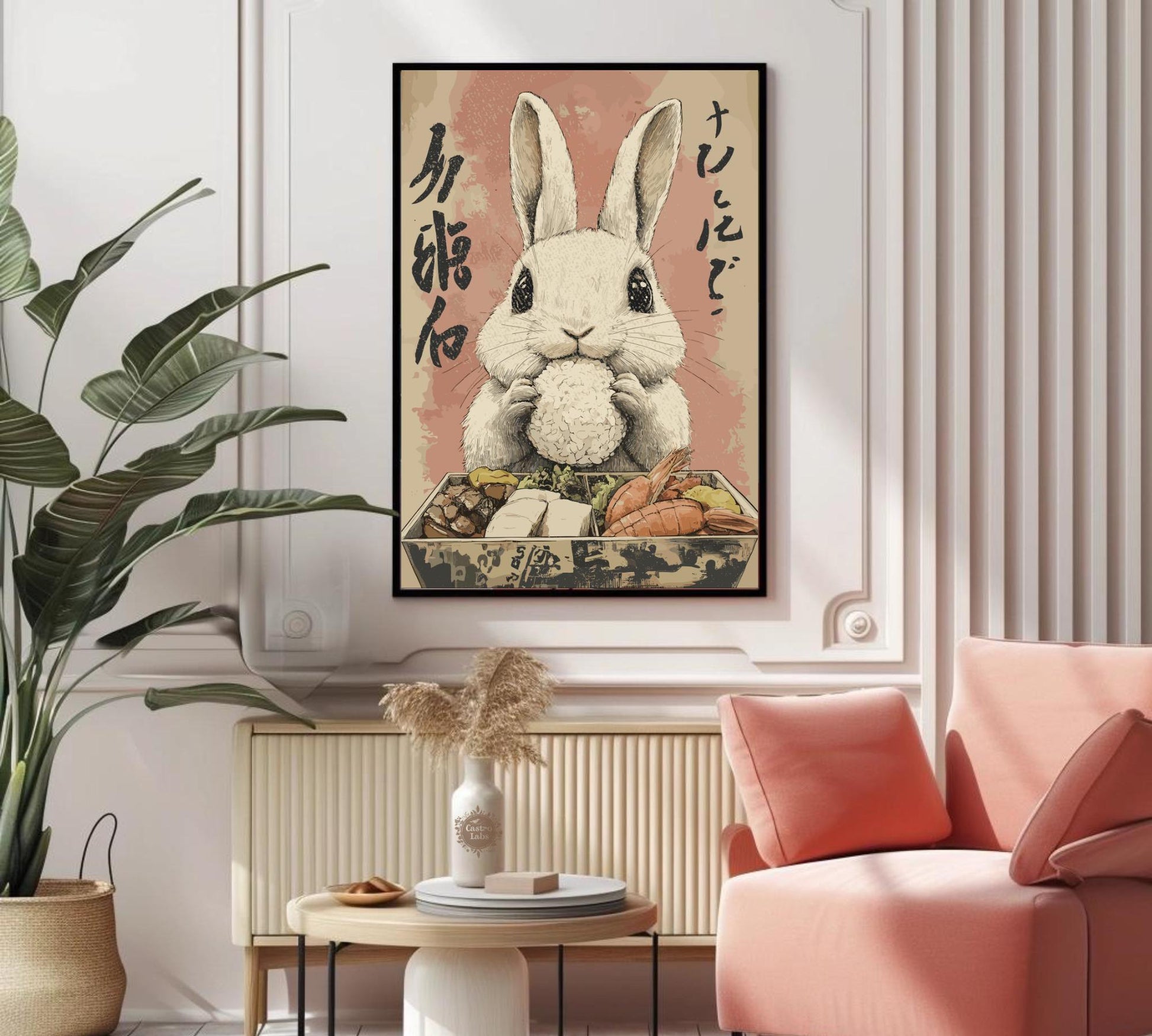 Funny bunny bento box poster, ideal for kitchen or dining room decor.