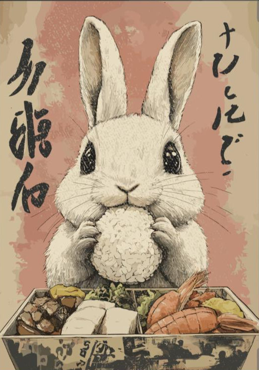 Adorable rabbit enjoying bento in retro Japanese art print, perfect for bunny lovers.