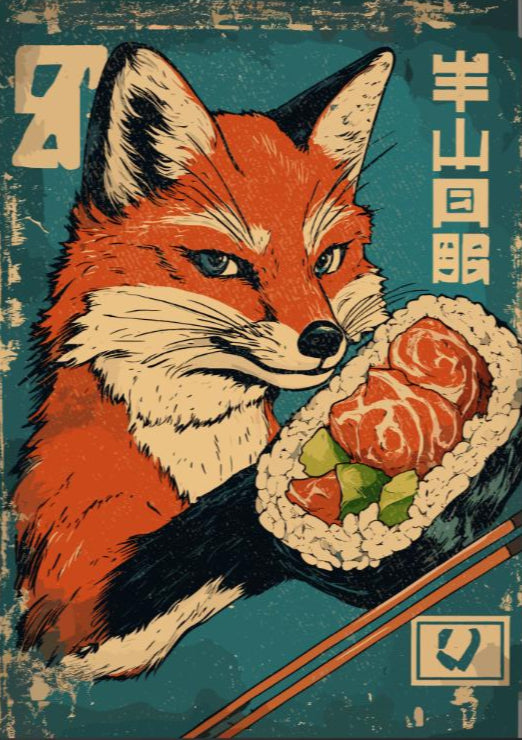 Vintage fox illustration enjoying sushi platter, whimsical animal and food poster.