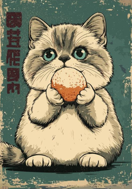 Funny cat enjoying Japanese mochi treat, cute kitchen decor poster.