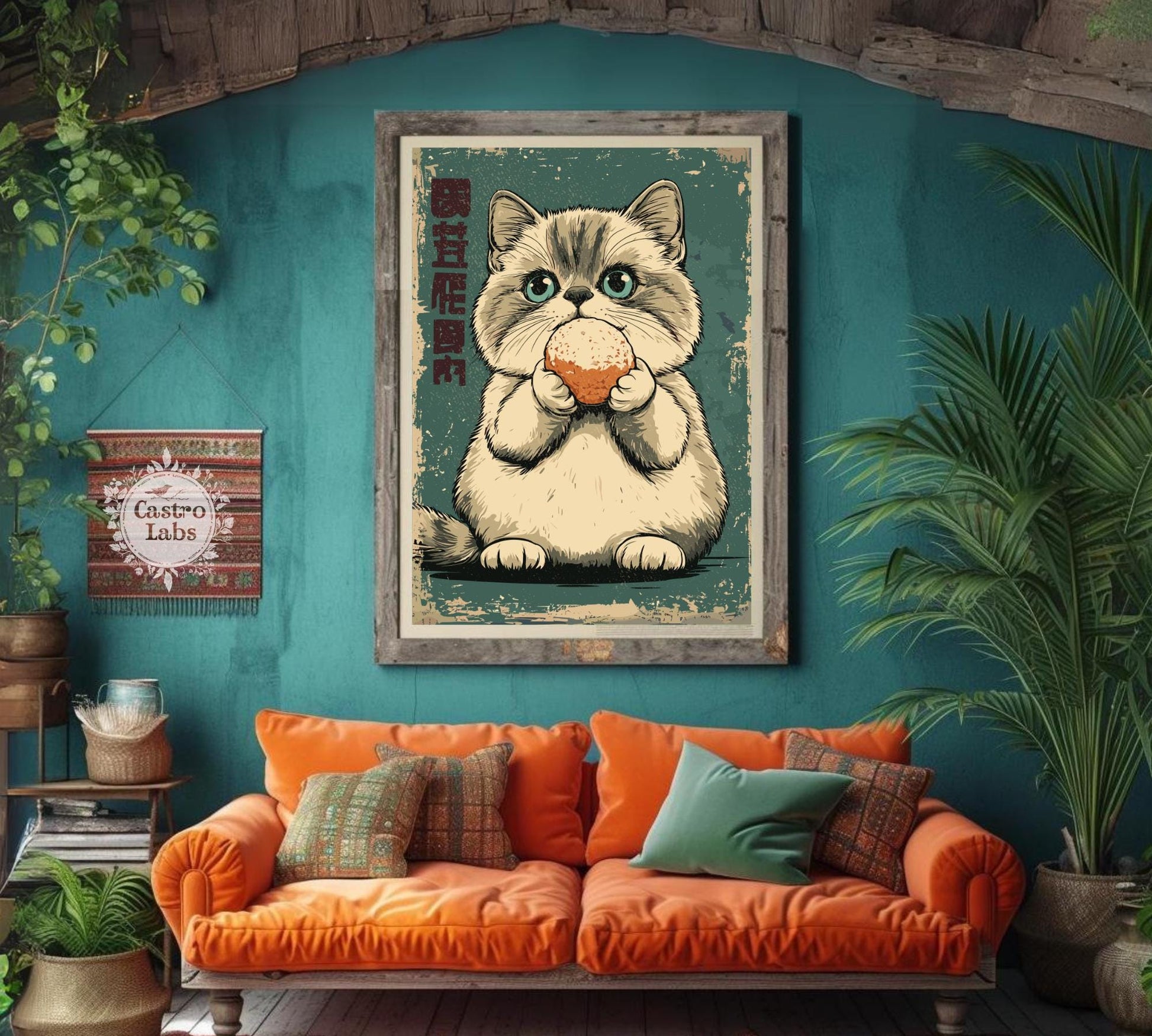 Soft vintage-style illustration of cat with sweet rice balls, whimsical food art.