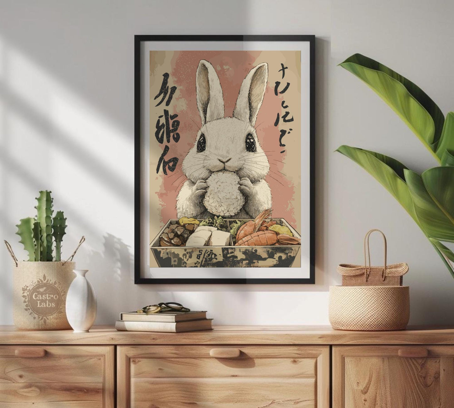 Cute bunny with traditional Japanese lunch, bold and quirky art print for foodies.