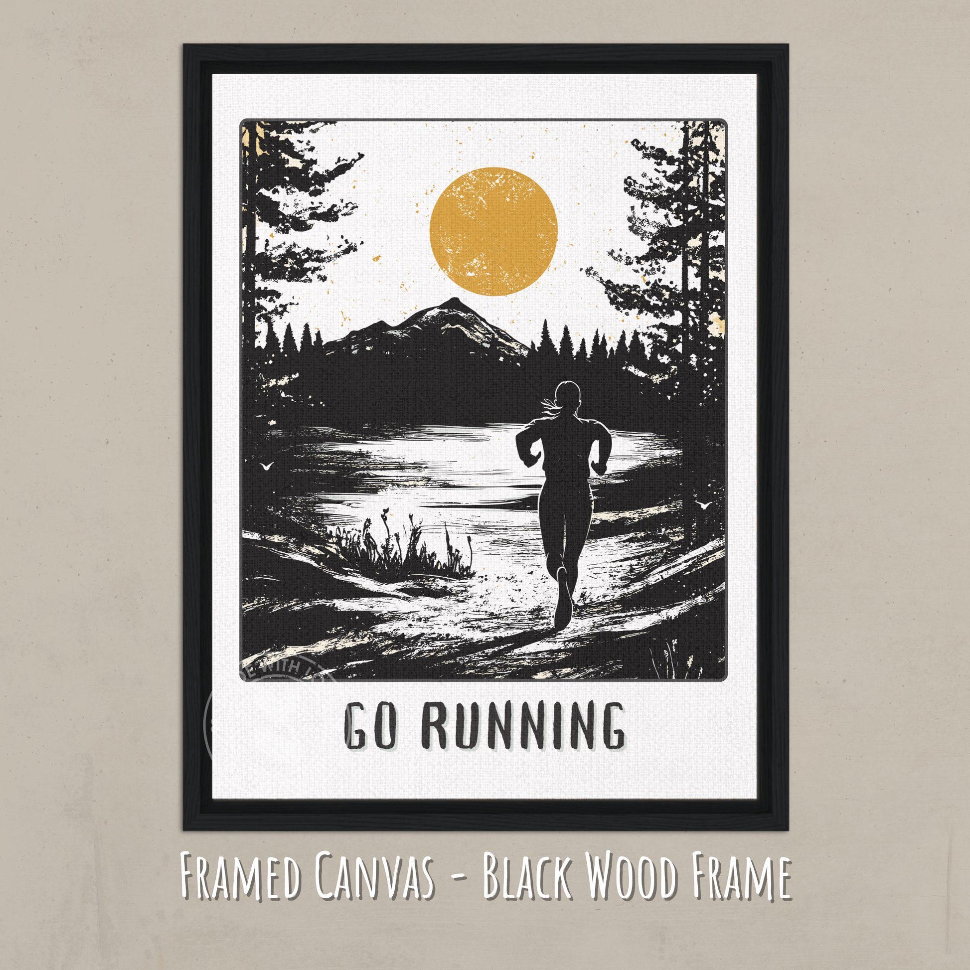 Go Running Poster, Jogging Print - Canvas mockup with a black wood frame