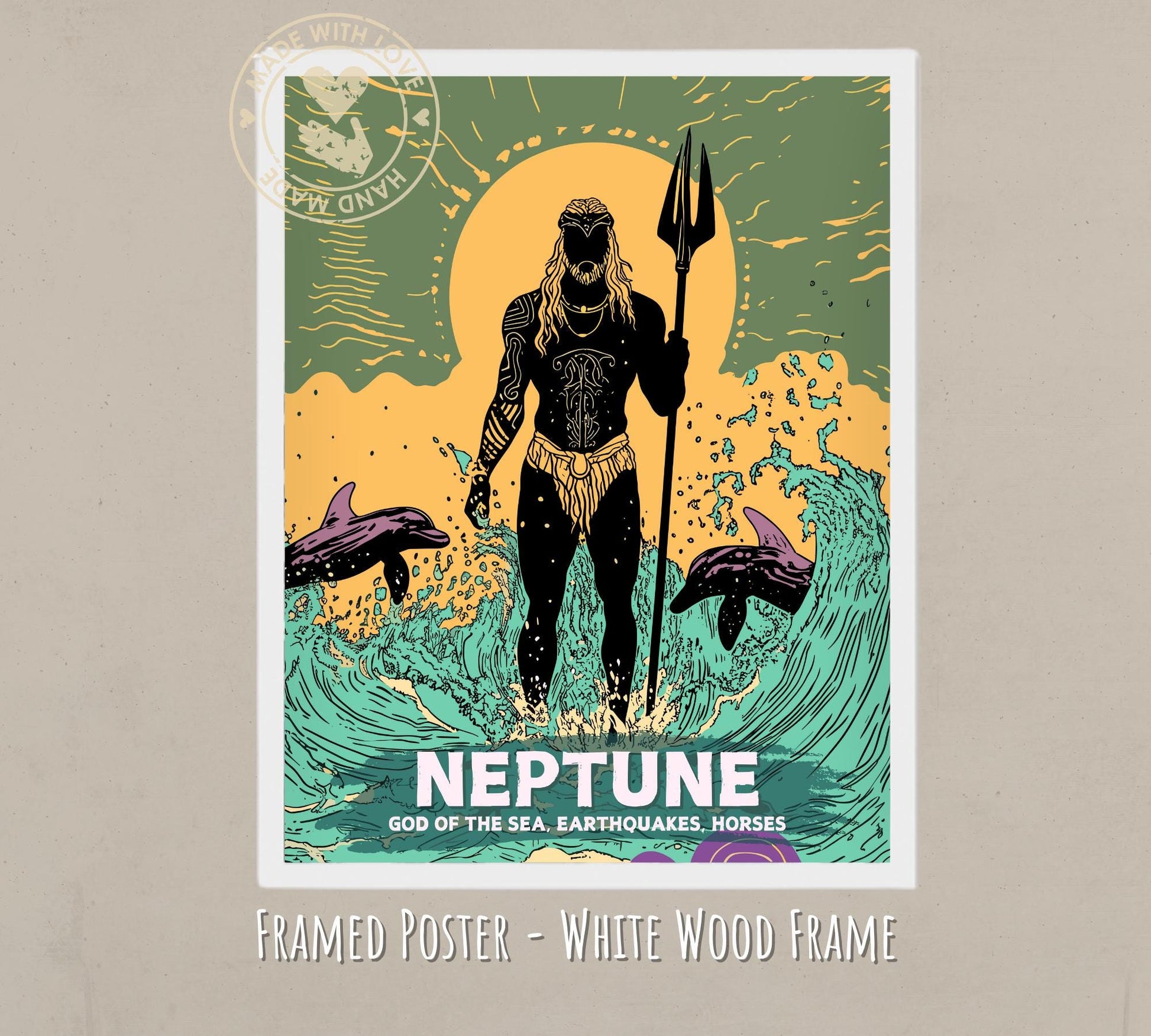 Neptune God Painting - white wood frame
