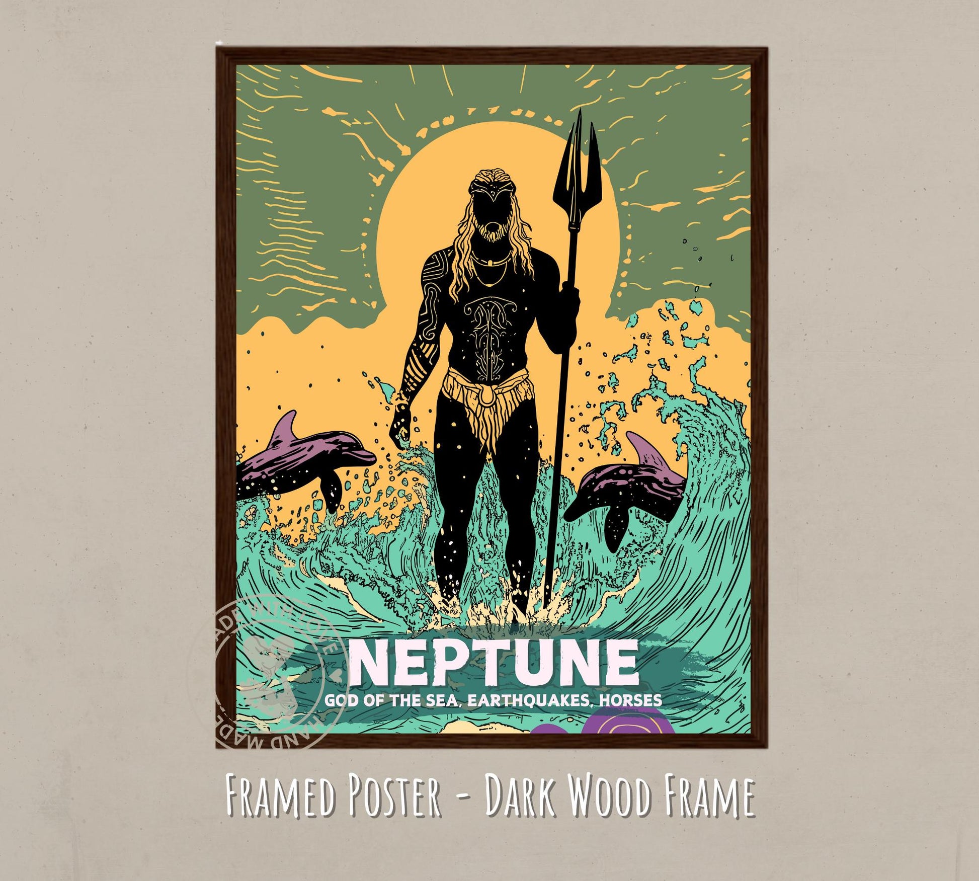 Neptune God Painting - dark wood frame