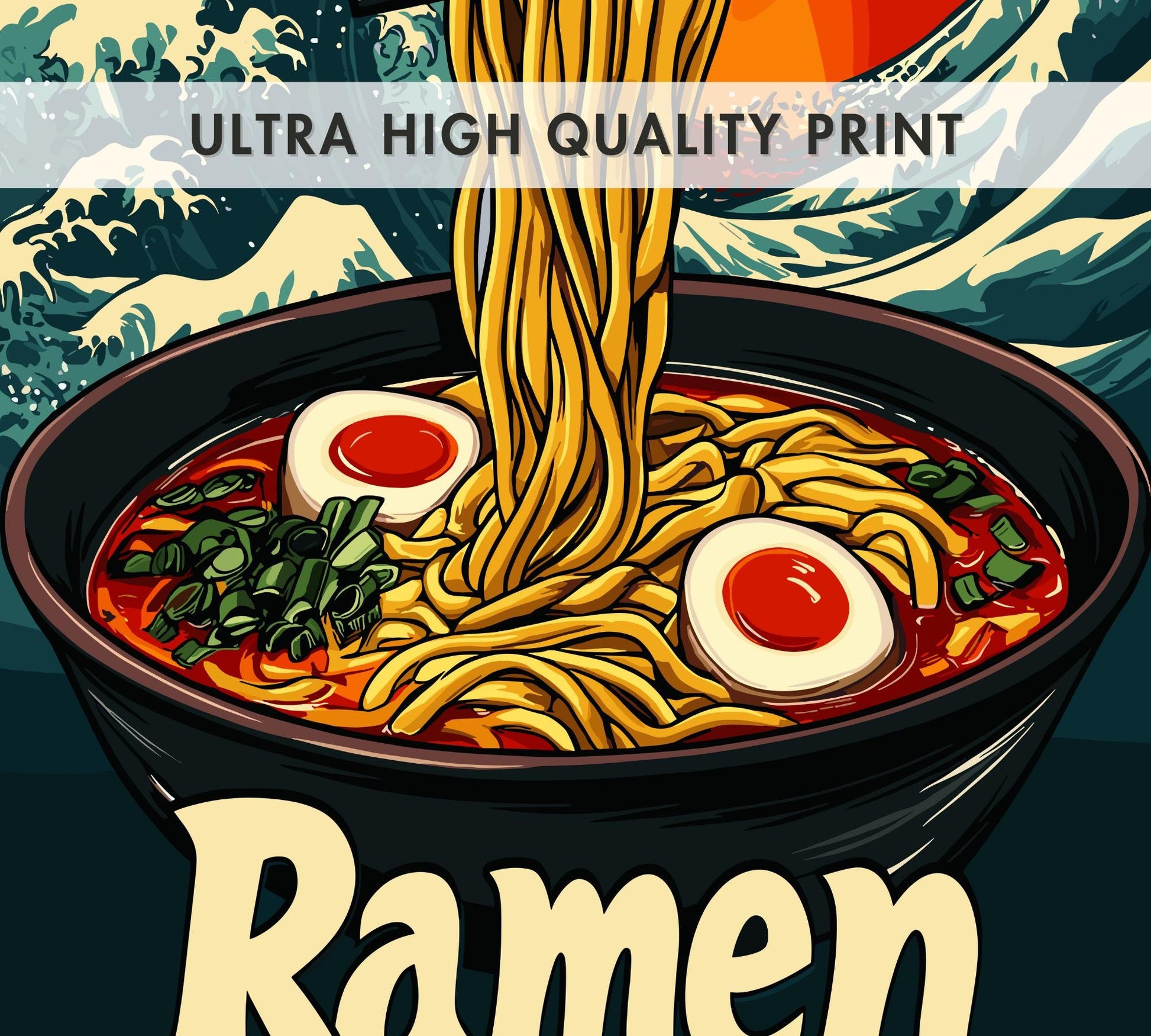 Ramen Bowl with Great Wave Poster – Japanese Food Art Print, Hokusai-Inspired Kitchen Decor, Ukiyo-e Wave Background, Noodle Lover Gift