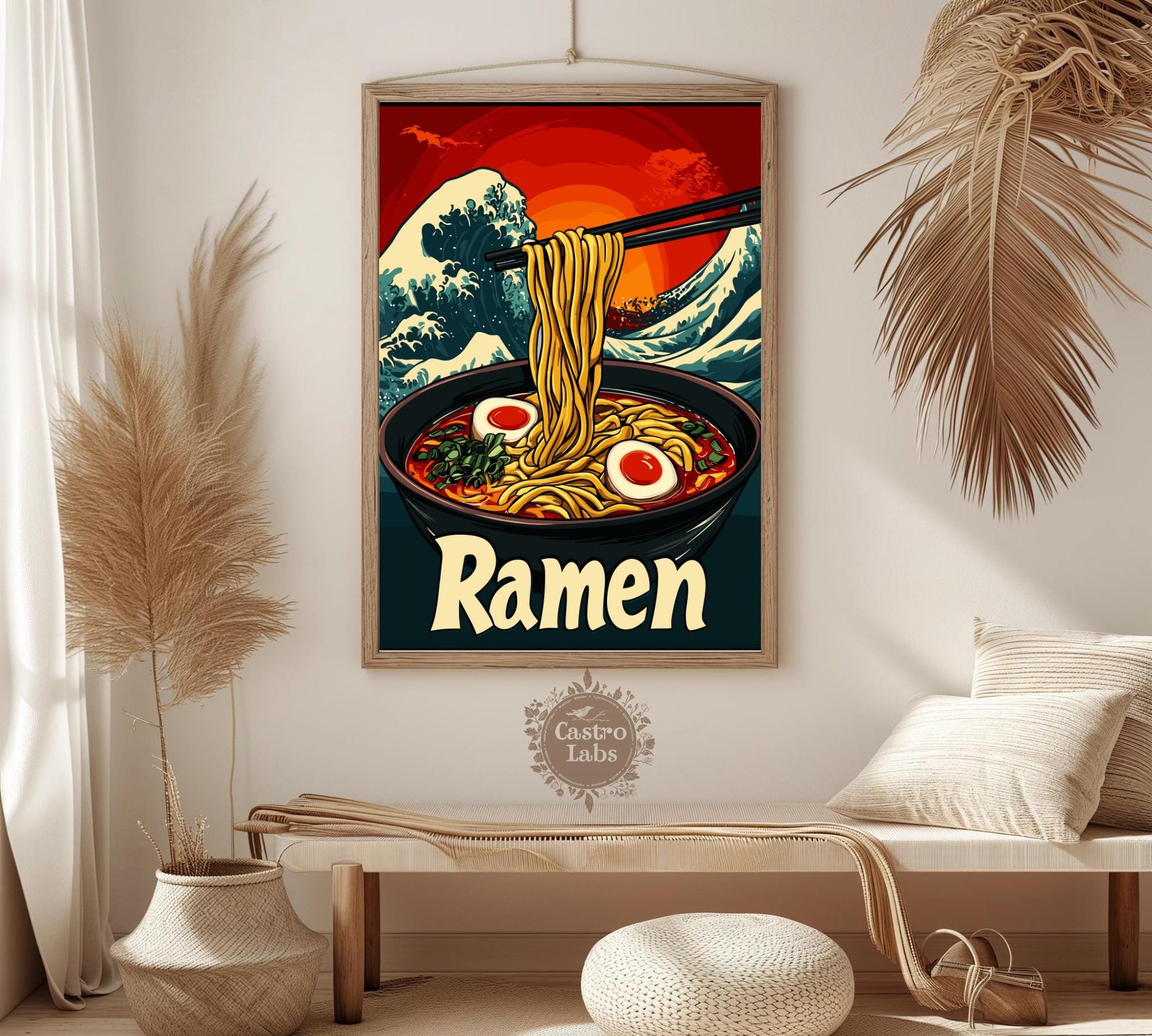 Ramen Bowl with Great Wave Poster – Japanese Food Art Print, Hokusai-Inspired Kitchen Decor, Ukiyo-e Wave Background, Noodle Lover Gift