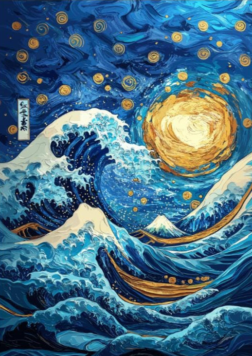 Great Wave Meets Starry Night Art – Hokusai & Van Gogh Fusion Art Print, Japanese Ukiyo-e and Starry Sky Wall Art, Iconic Masterpiece Mashup