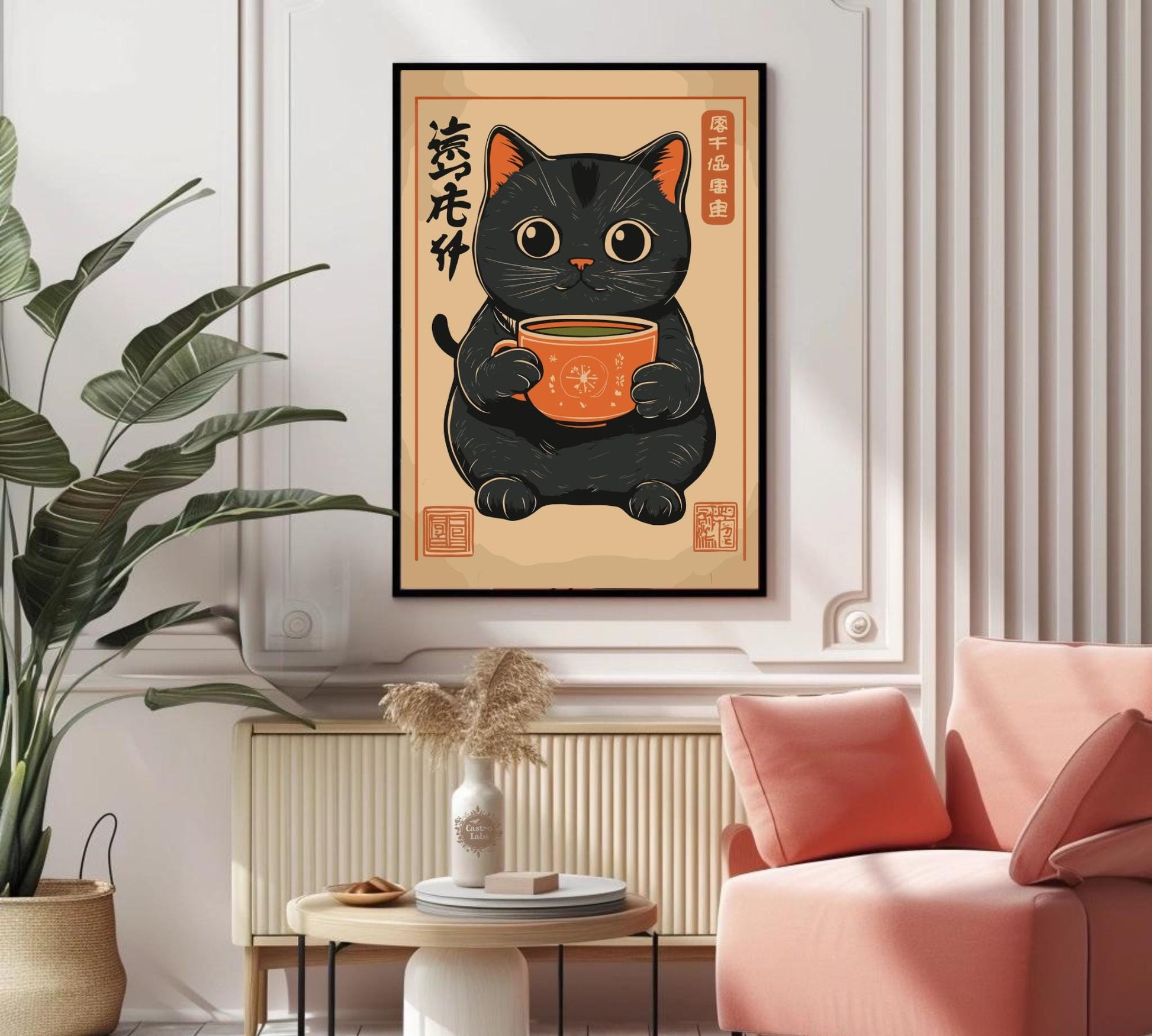 Cute Black Cat Drinking Matcha Poster – Cozy Japanese-Inspired Cat Art, Matcha Lover Print, Minimalist Cat Wall Decor, Kawaii Aesthetic