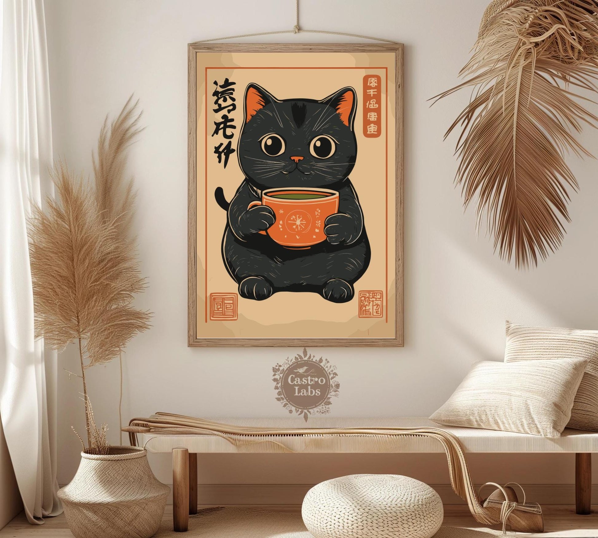 Cute Black Cat Drinking Matcha Poster – Cozy Japanese-Inspired Cat Art, Matcha Lover Print, Minimalist Cat Wall Decor, Kawaii Aesthetic