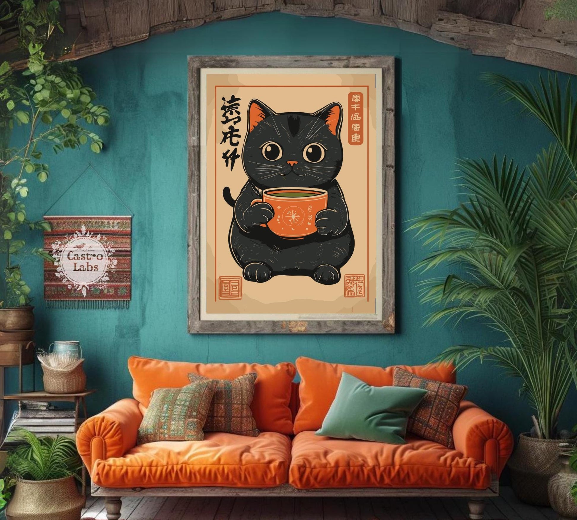 Cute Black Cat Drinking Matcha Poster – Cozy Japanese-Inspired Cat Art, Matcha Lover Print, Minimalist Cat Wall Decor, Kawaii Aesthetic