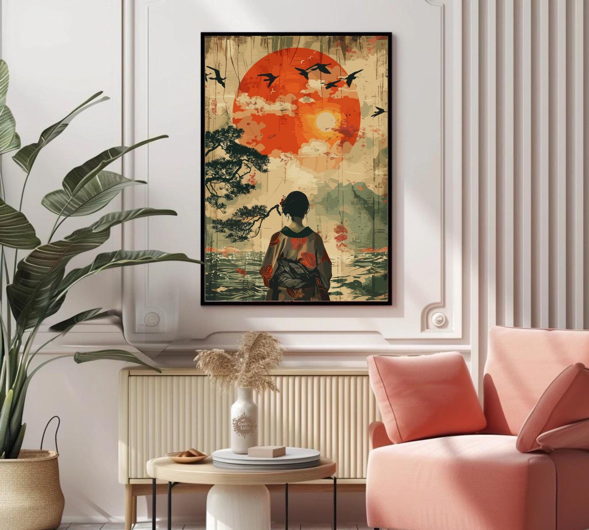 Japanese Woman Gazing at Mount Fuji Poster – Traditional Japan Wall Art, Elegant Geisha Print, Serene Landscape Artwork, Fuji Mountain Decor