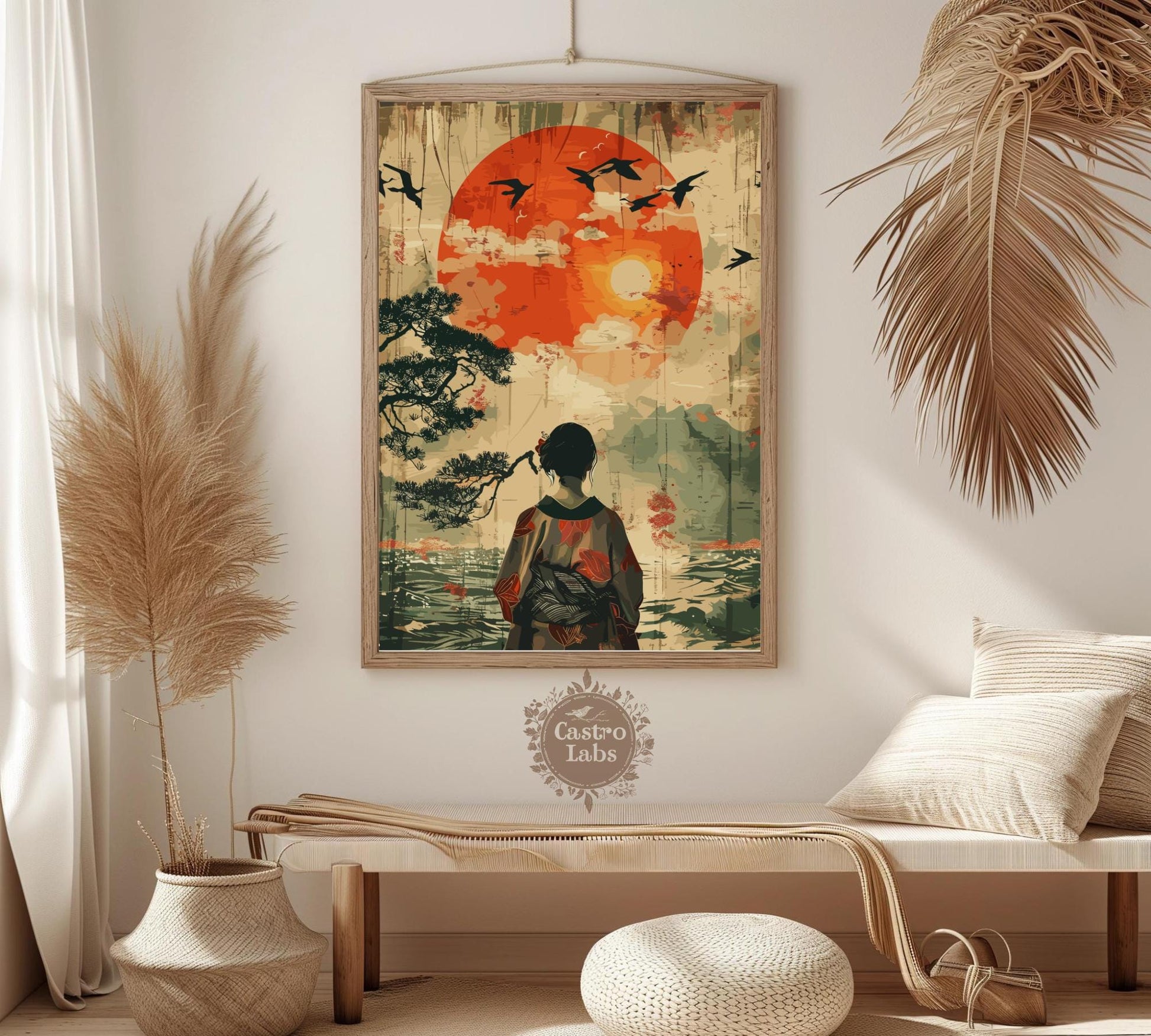 Japanese Woman Gazing at Mount Fuji Poster – Traditional Japan Wall Art, Elegant Geisha Print, Serene Landscape Artwork, Fuji Mountain Decor