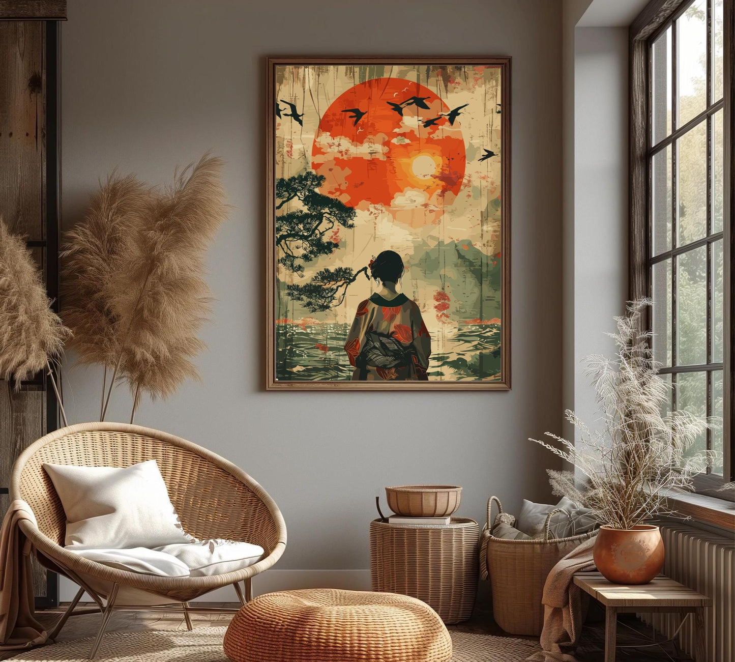 Japanese Woman Gazing at Mount Fuji Poster – Traditional Japan Wall Art, Elegant Geisha Print, Serene Landscape Artwork, Fuji Mountain Decor