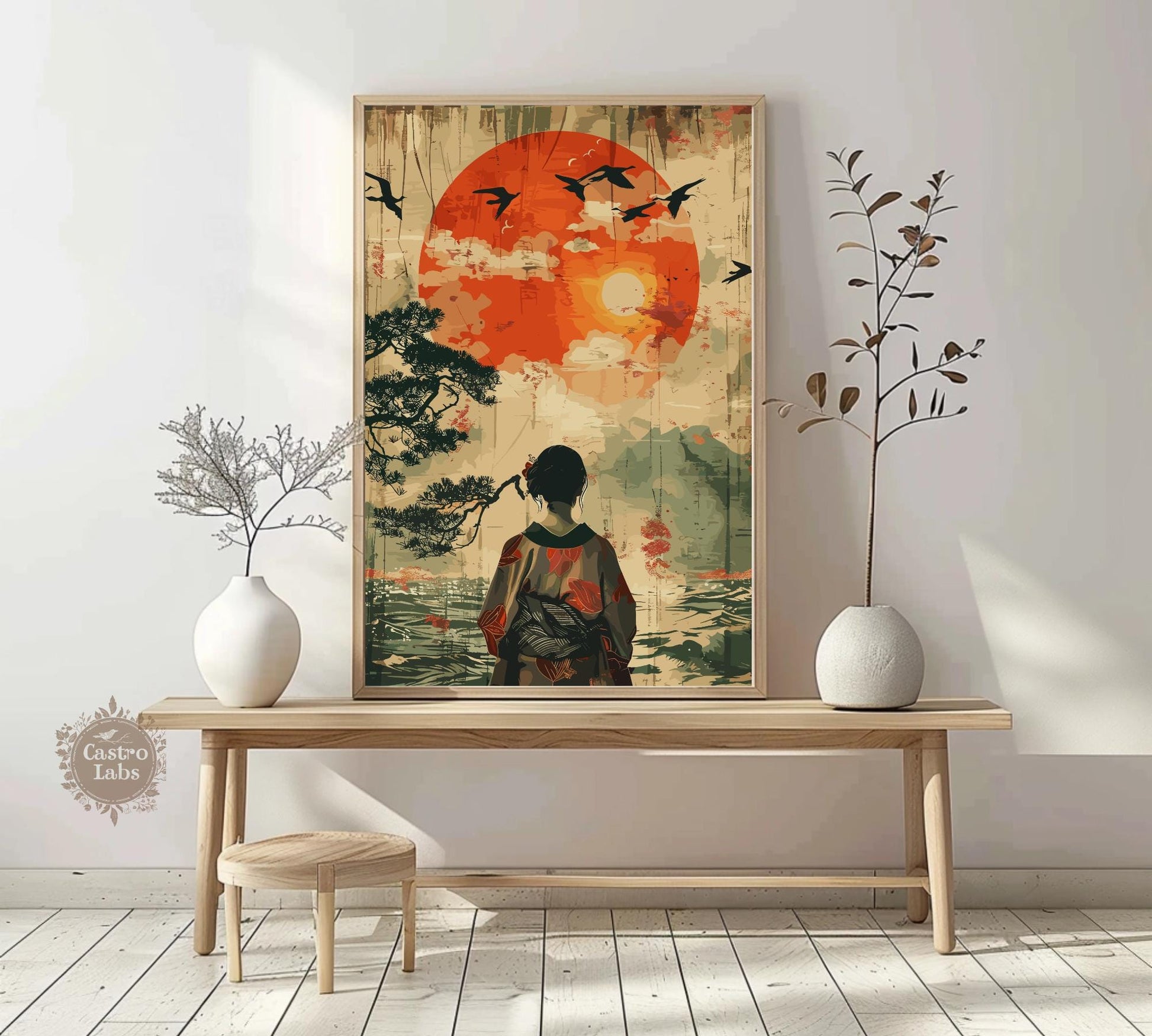Japanese Woman Gazing at Mount Fuji Poster – Traditional Japan Wall Art, Elegant Geisha Print, Serene Landscape Artwork, Fuji Mountain Decor