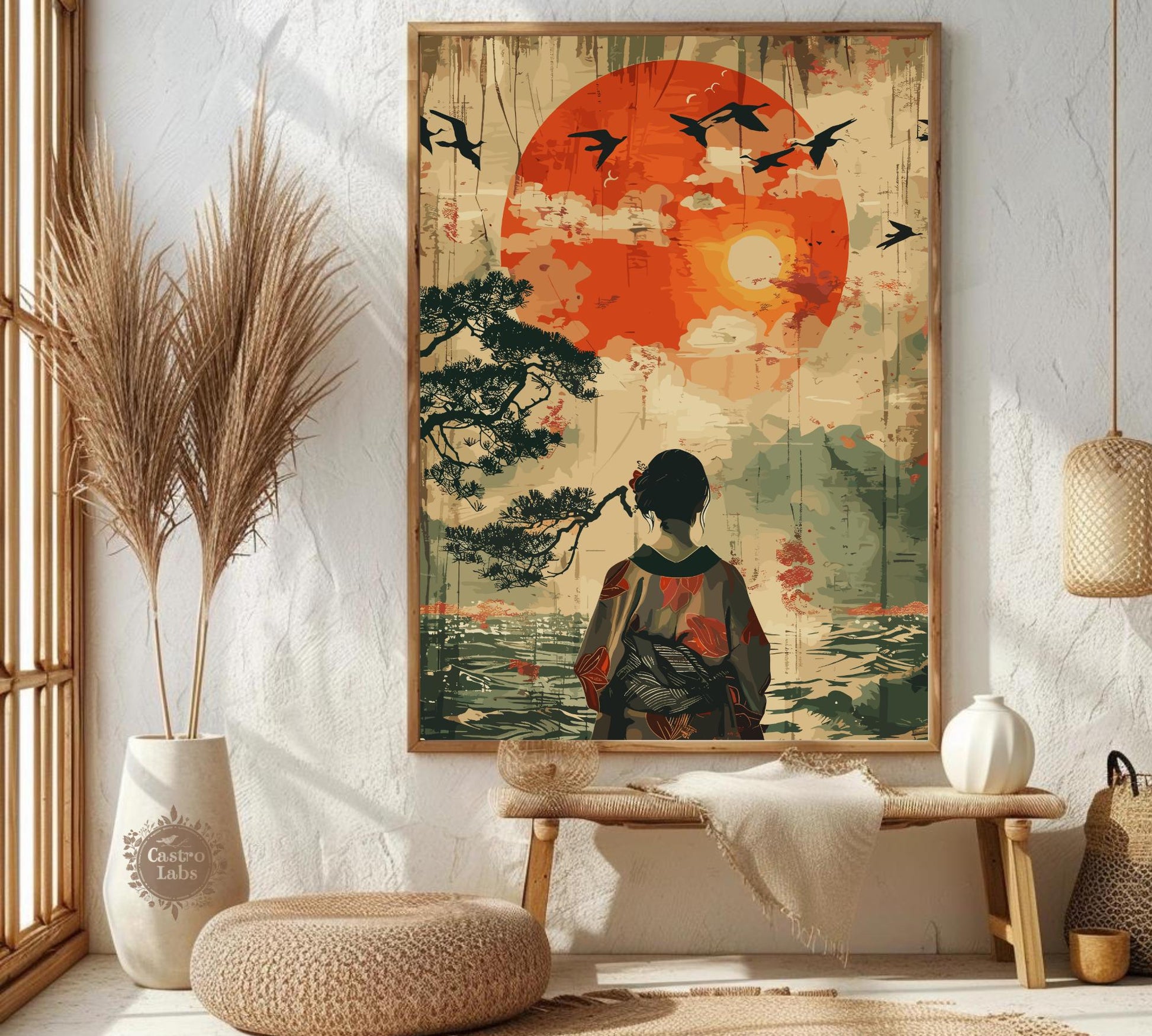 Japanese Woman Gazing at Mount Fuji Poster – Traditional Japan Wall Art, Elegant Geisha Print, Serene Landscape Artwork, Fuji Mountain Decor