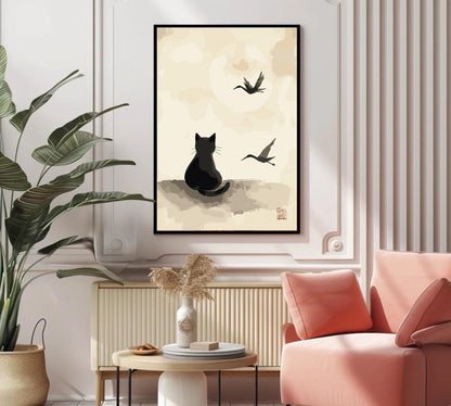 Japanese Ink Cat Poster – Traditional Style Feline Wall Art, Oriental Animal Print, Mythical Cat Illustration, Asian Decor for Cat Lovers