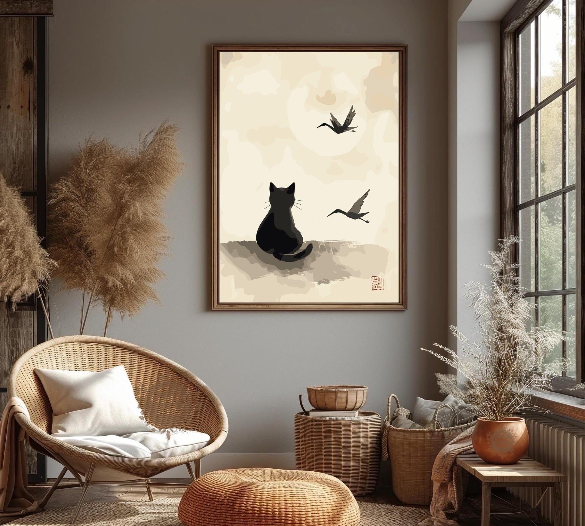 Japanese Ink Cat Poster – Traditional Style Feline Wall Art, Oriental Animal Print, Mythical Cat Illustration, Asian Decor for Cat Lovers