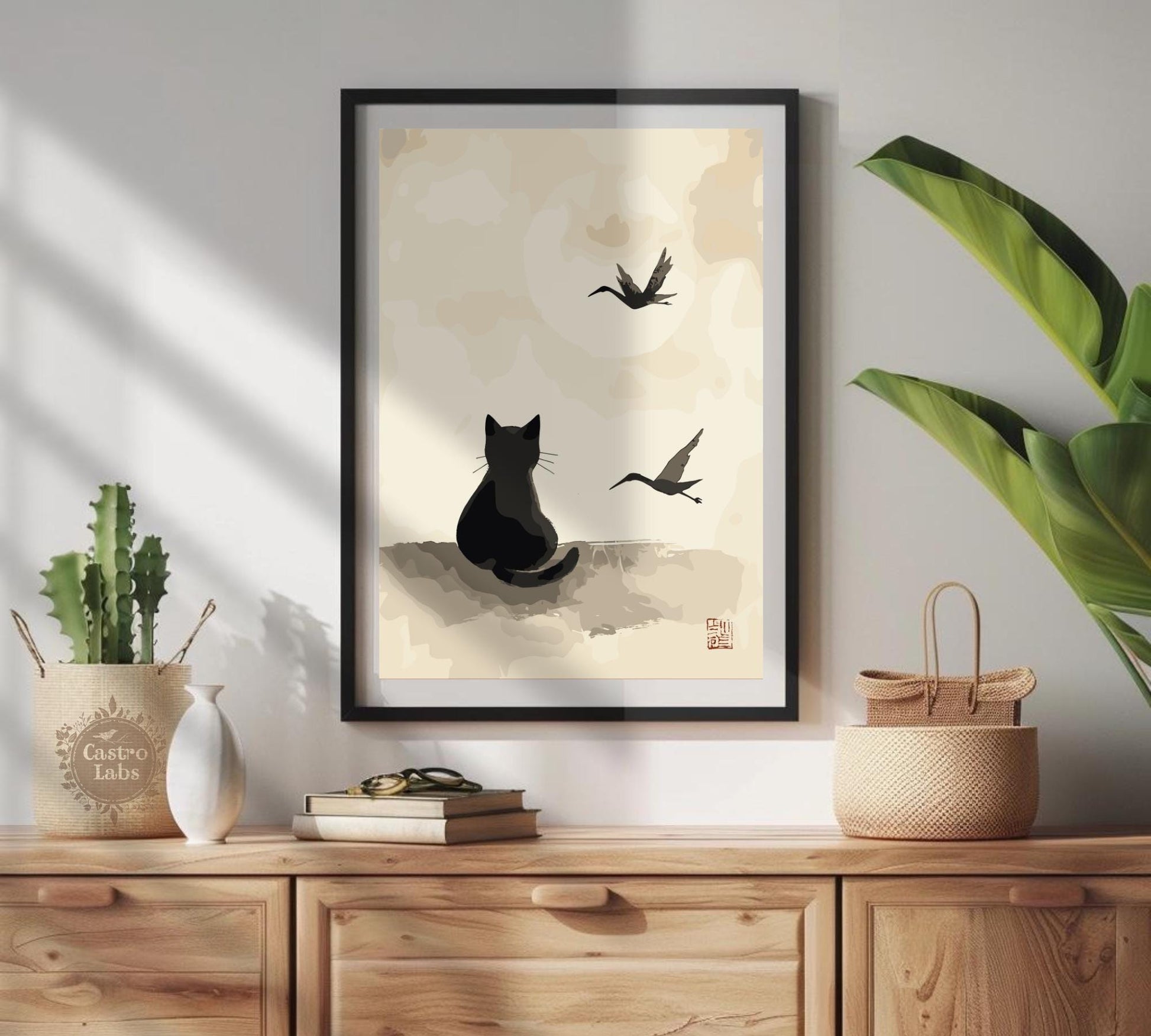 Japanese Ink Cat Poster – Traditional Style Feline Wall Art, Oriental Animal Print, Mythical Cat Illustration, Asian Decor for Cat Lovers