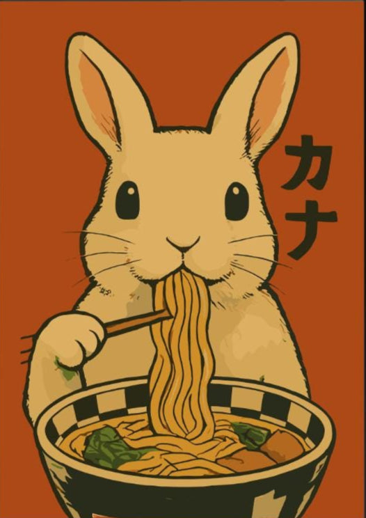 Rabbit Eating Ramen Poster – Cute Bunny Wall Art, Japanese Food Illustration, Kawaii Ramen Lover Print, Whimsical Animal Kitchen Decor