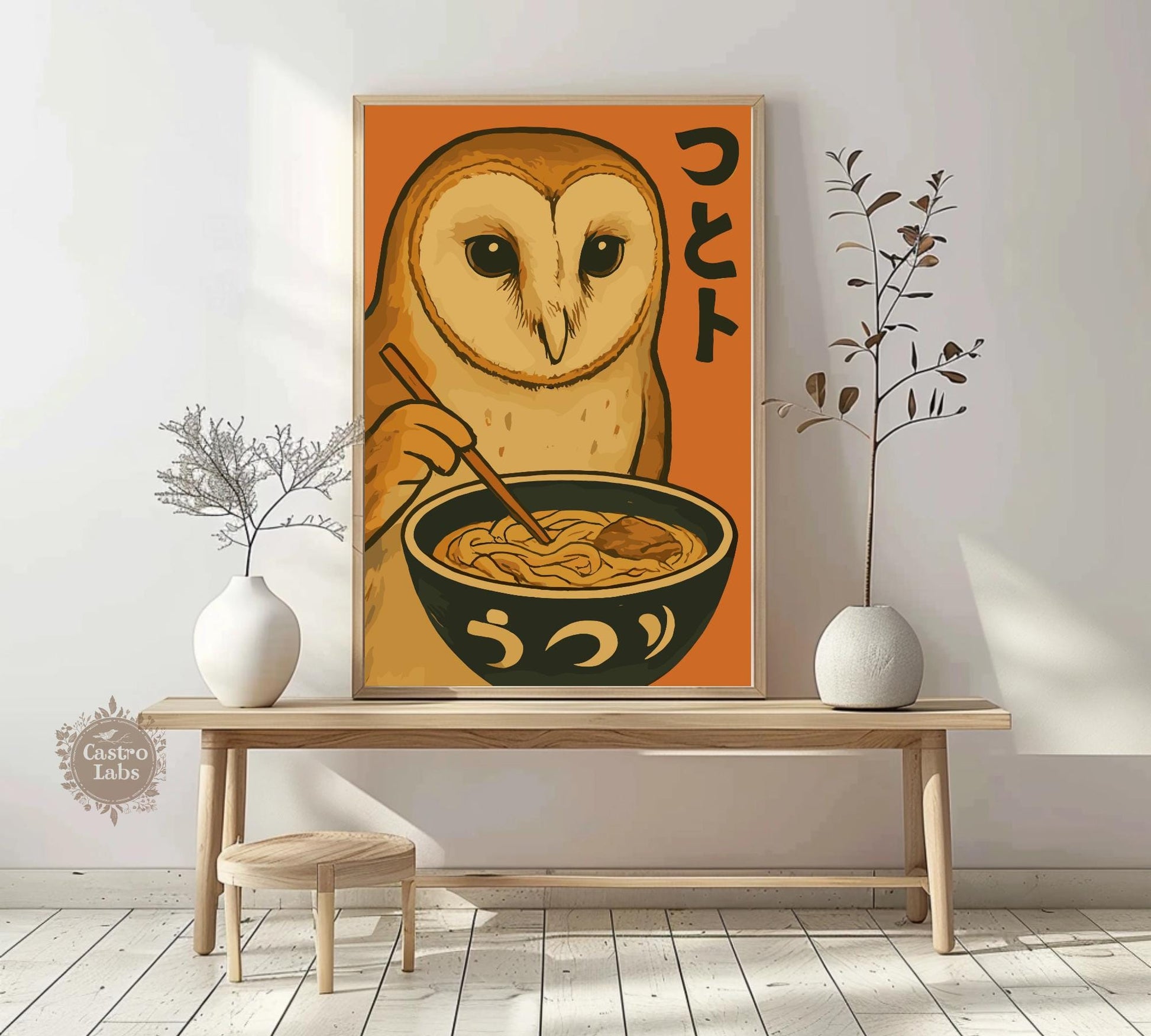 Owl Eating Ramen Poster – Whimsical Owl Wall Art, Japanese Food Illustration, Cozy Ramen Lover Print, Cute Animal Kitchen Decor