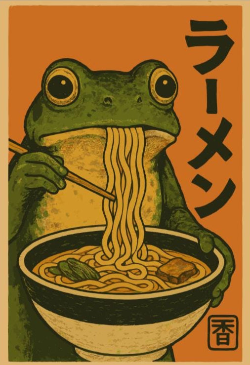Frog Eating Ramen Poster – Japanese Ukiyo-e Inspired Frog Art, Ramen Bowl Illustration, Quirky Amphibian Wall Print, Zen Kitchen Decor