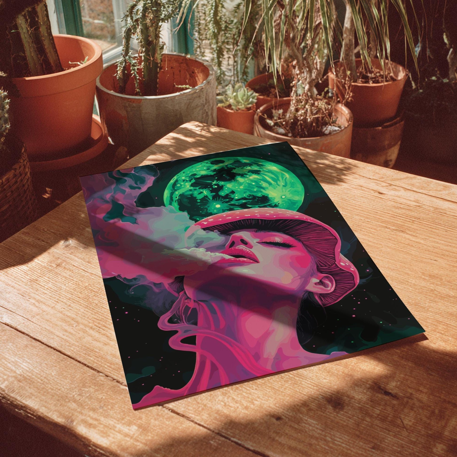 Trippy Mushroom Girl Poster – Lunar Drift Psychedelic Smoke Art Print, Neon Dreamscape Wall Decor, Edgy Modern Surrealism Poster