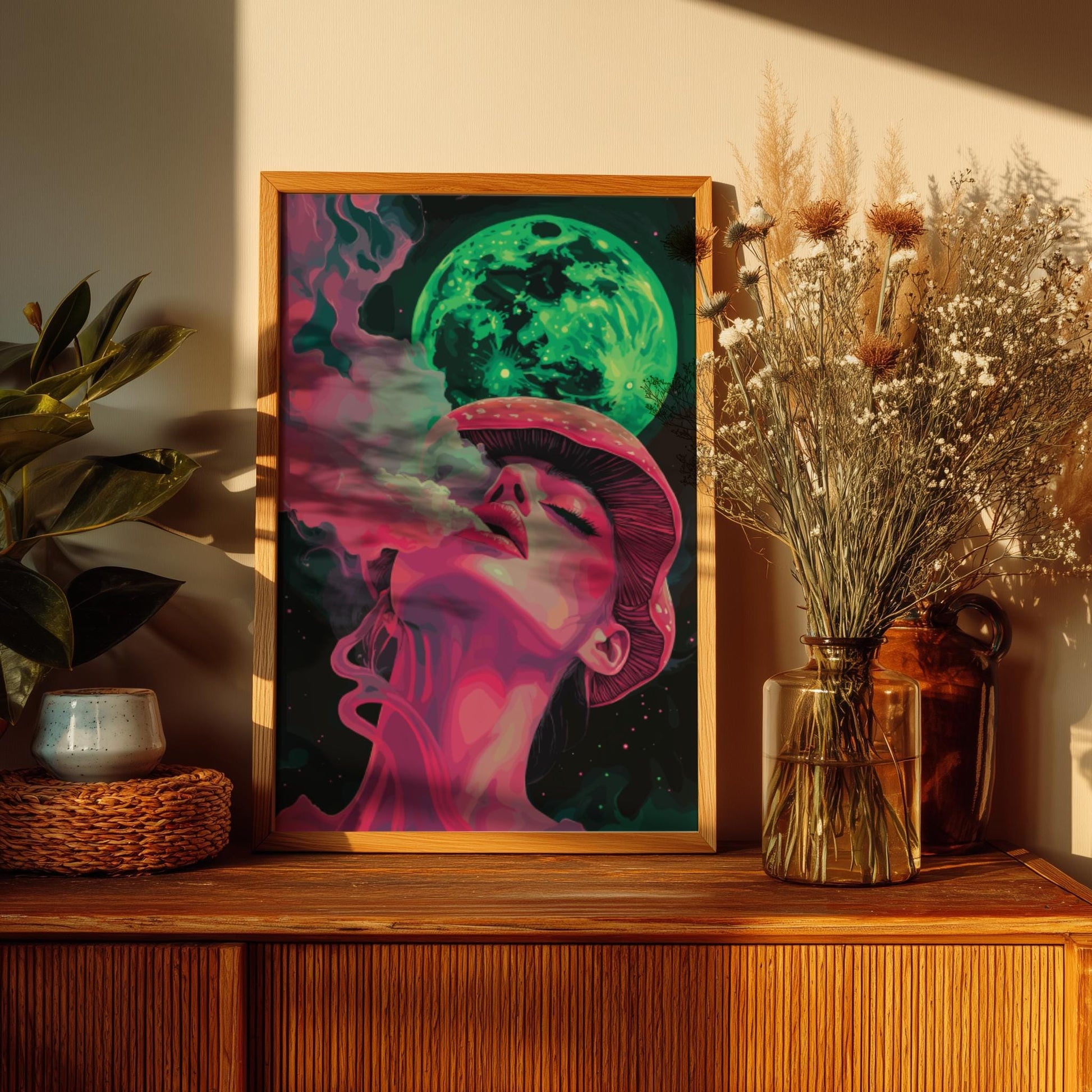 Trippy Mushroom Girl Poster – Lunar Drift Psychedelic Smoke Art Print, Neon Dreamscape Wall Decor, Edgy Modern Surrealism Poster