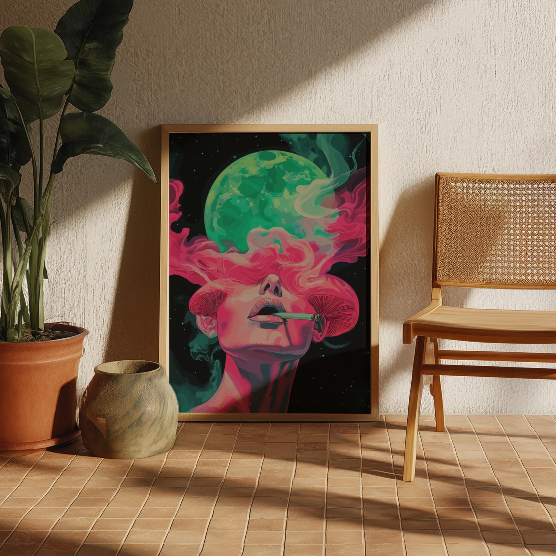 Psyche Exhale Poster – Surreal Woman with Mushrooms and Smoke, Psychedelic Dreamscape Wall Art, Cosmic Mind Expansion Print