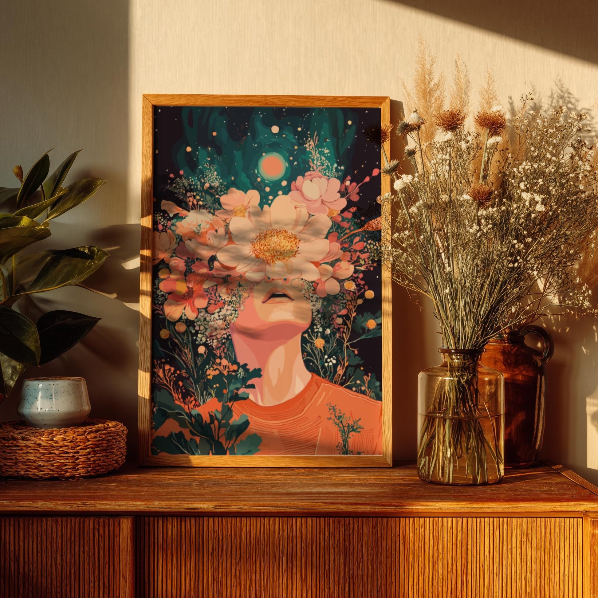 Floral Ascension Poster – Psychedelic Retro Botanical Wall Art, Surreal Figure Exhaling Golden Pollen, Twin Sun Cosmic Decor