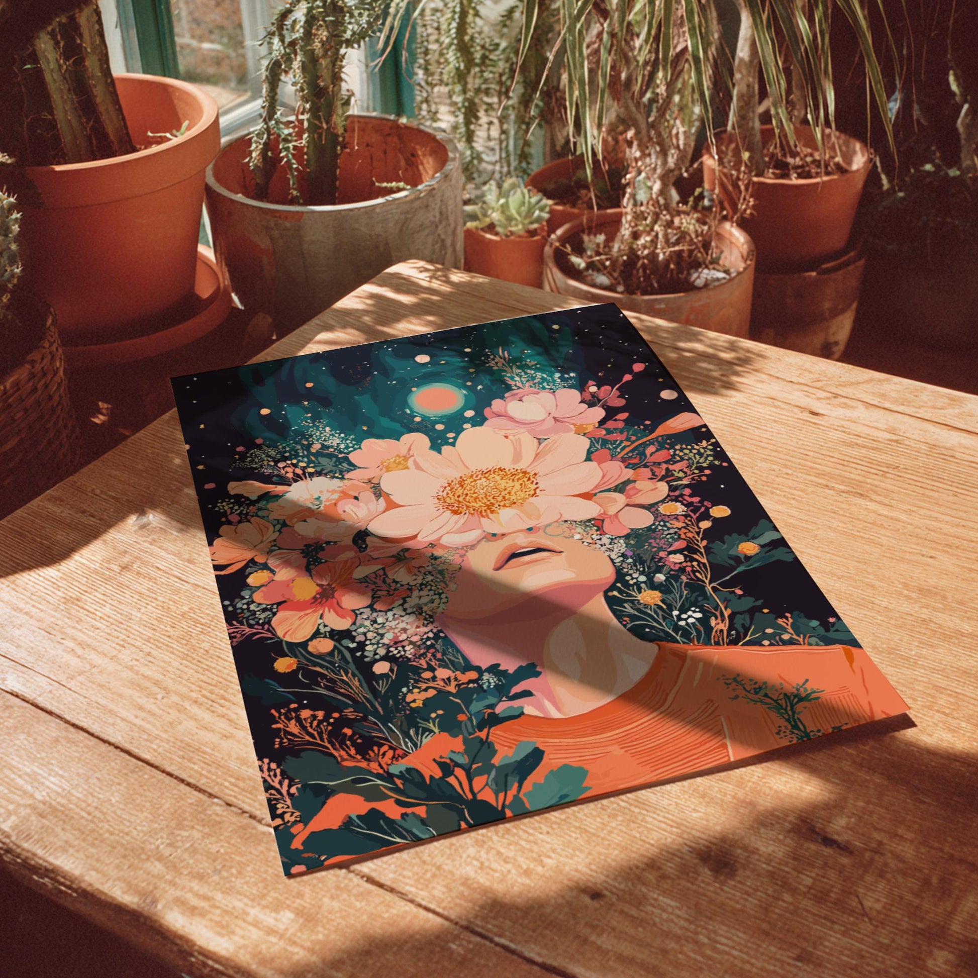Floral Ascension Poster – Psychedelic Retro Botanical Wall Art, Surreal Figure Exhaling Golden Pollen, Twin Sun Cosmic Decor