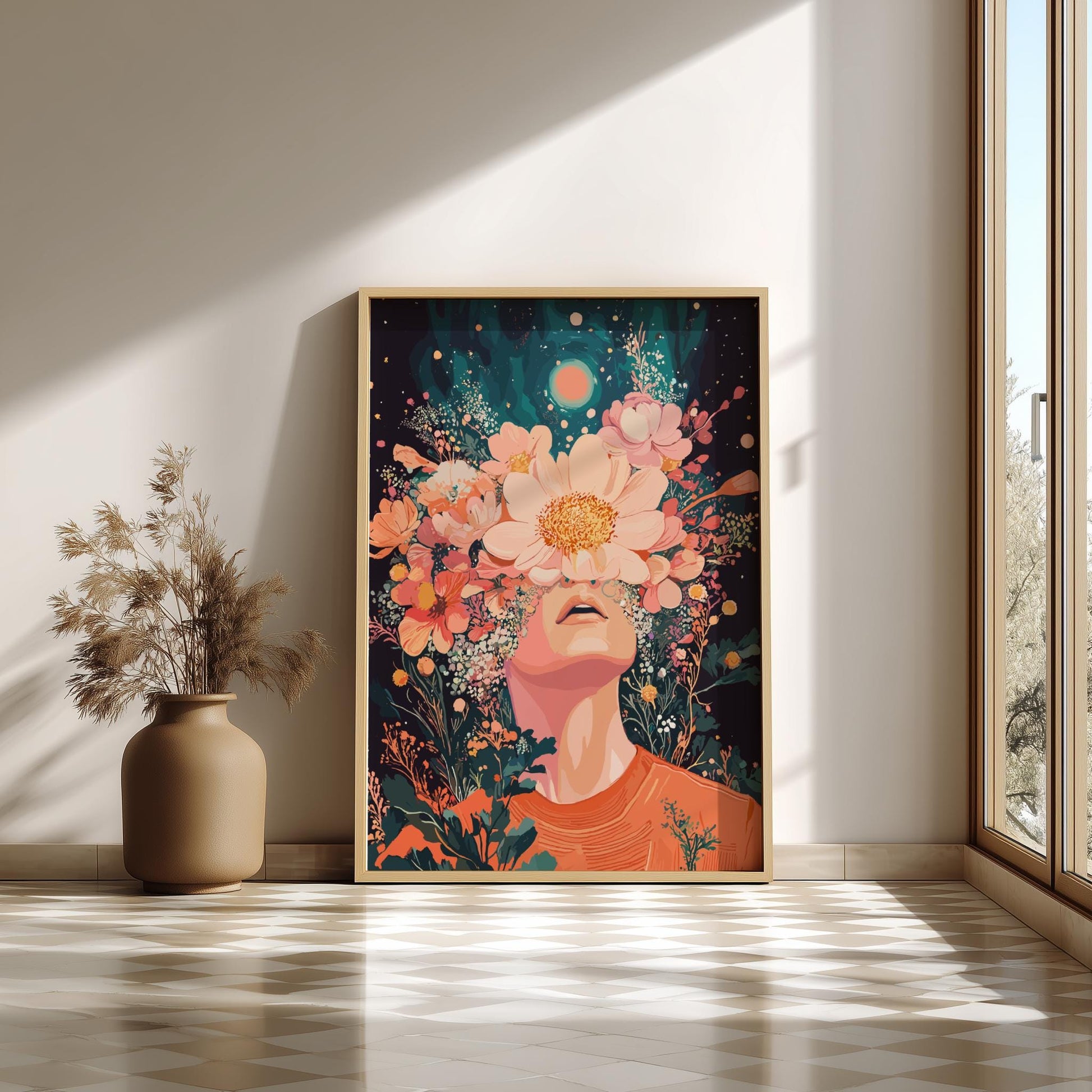 Floral Ascension Poster – Psychedelic Retro Botanical Wall Art, Surreal Figure Exhaling Golden Pollen, Twin Sun Cosmic Decor