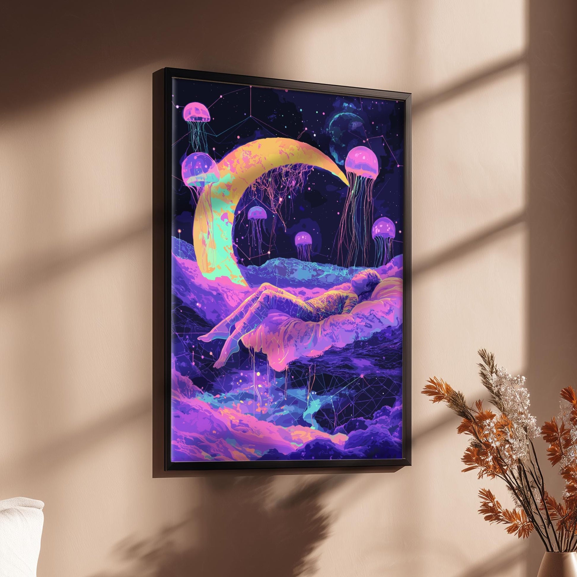 Cosmic Dreams Poster – Surreal Levitating Figure Under Crescent Moon, Geometric Dream Shapes & Floating Jellyfish Wall Art