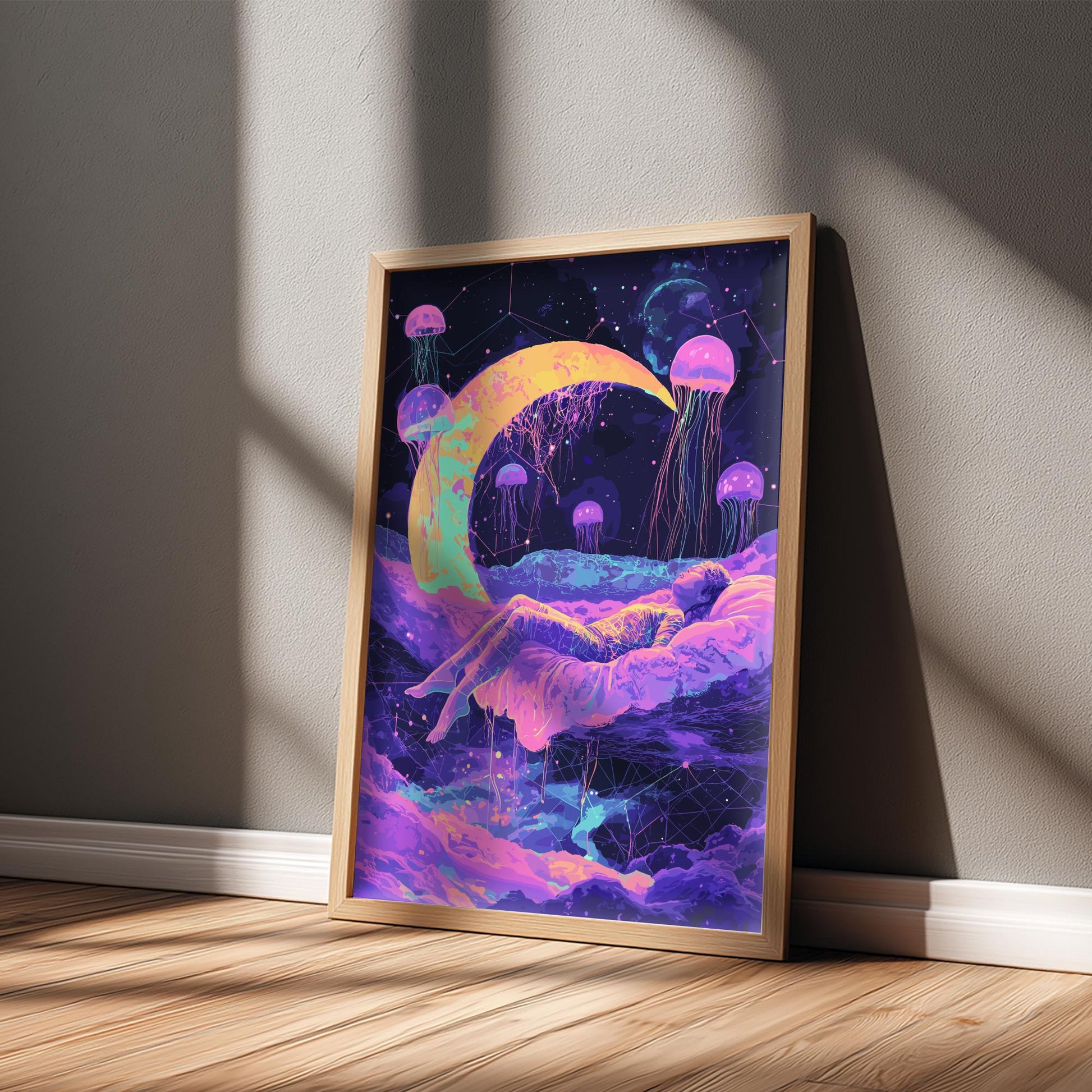 Cosmic Dreams Poster – Surreal Levitating Figure Under Crescent Moon, Geometric Dream Shapes & Floating Jellyfish Wall Art