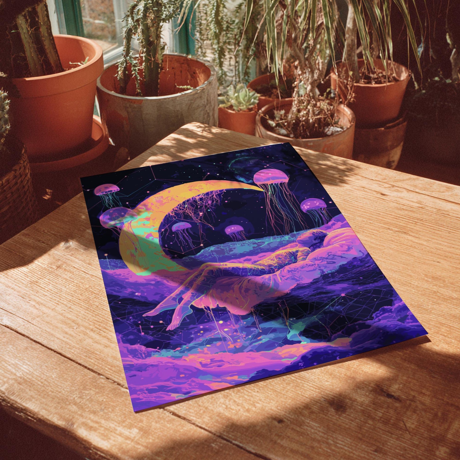 Cosmic Dreams Poster – Surreal Levitating Figure Under Crescent Moon, Geometric Dream Shapes & Floating Jellyfish Wall Art
