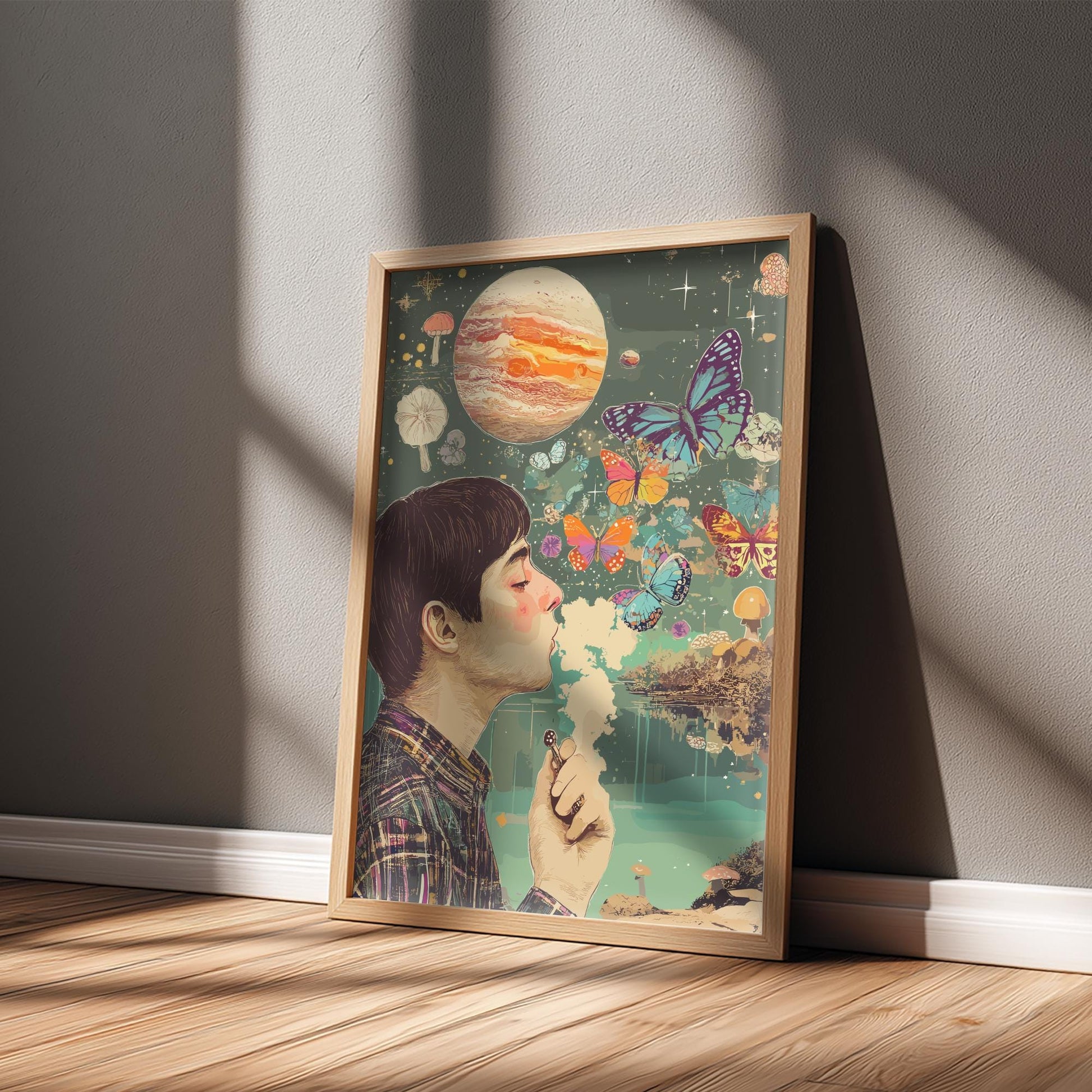 Smoke Signals Poster – Surreal Figure Exhaling Smoke Butterflies, Alien Lake with Mushrooms & Rising Planet Wall Art