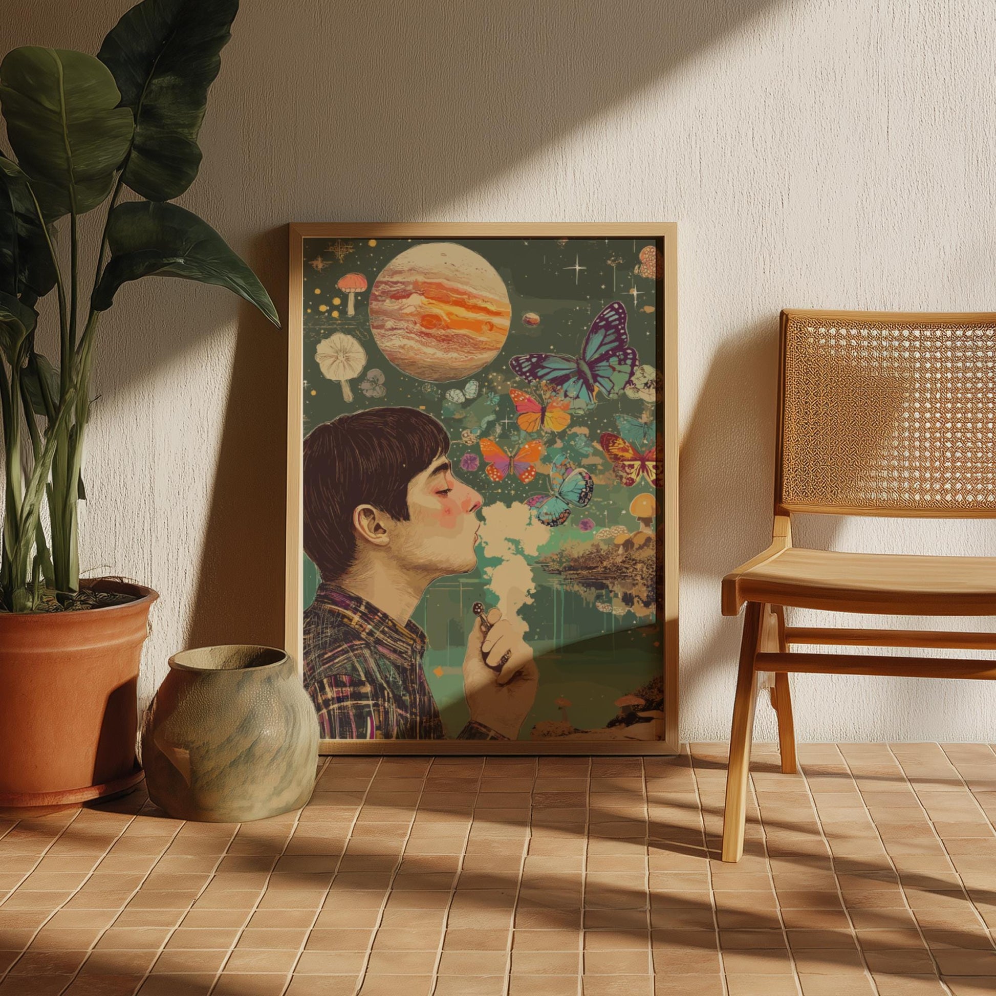 Smoke Signals Poster – Surreal Figure Exhaling Smoke Butterflies, Alien Lake with Mushrooms & Rising Planet Wall Art