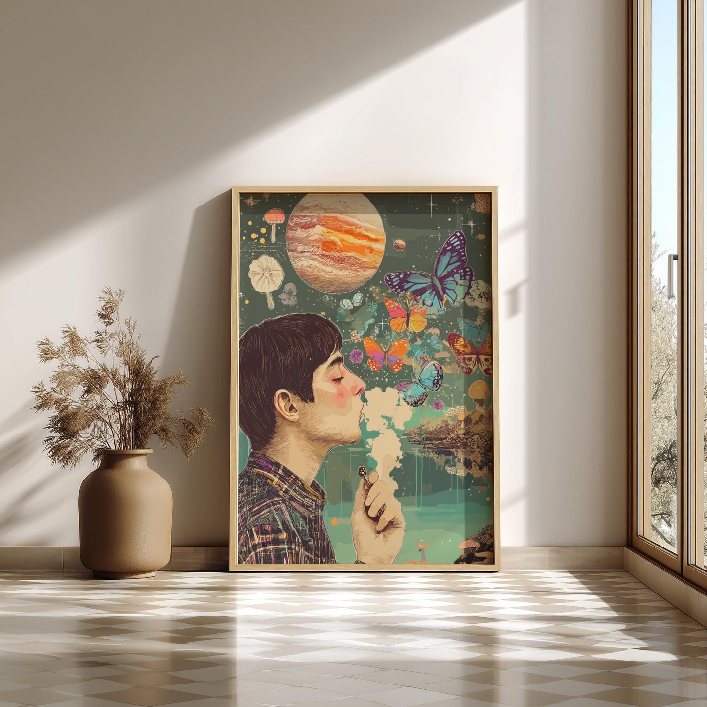 Smoke Signals Poster – Surreal Figure Exhaling Smoke Butterflies, Alien Lake with Mushrooms & Rising Planet Wall Art
