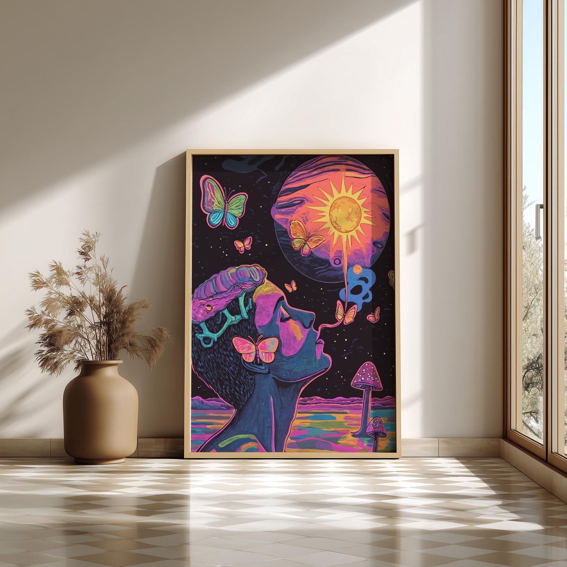 Smoke Signals Wall Art – Psychedelic Surreal Poster with Butterfly Smoke, Alien Planet Sunrise, and Glass Mushrooms Reflection