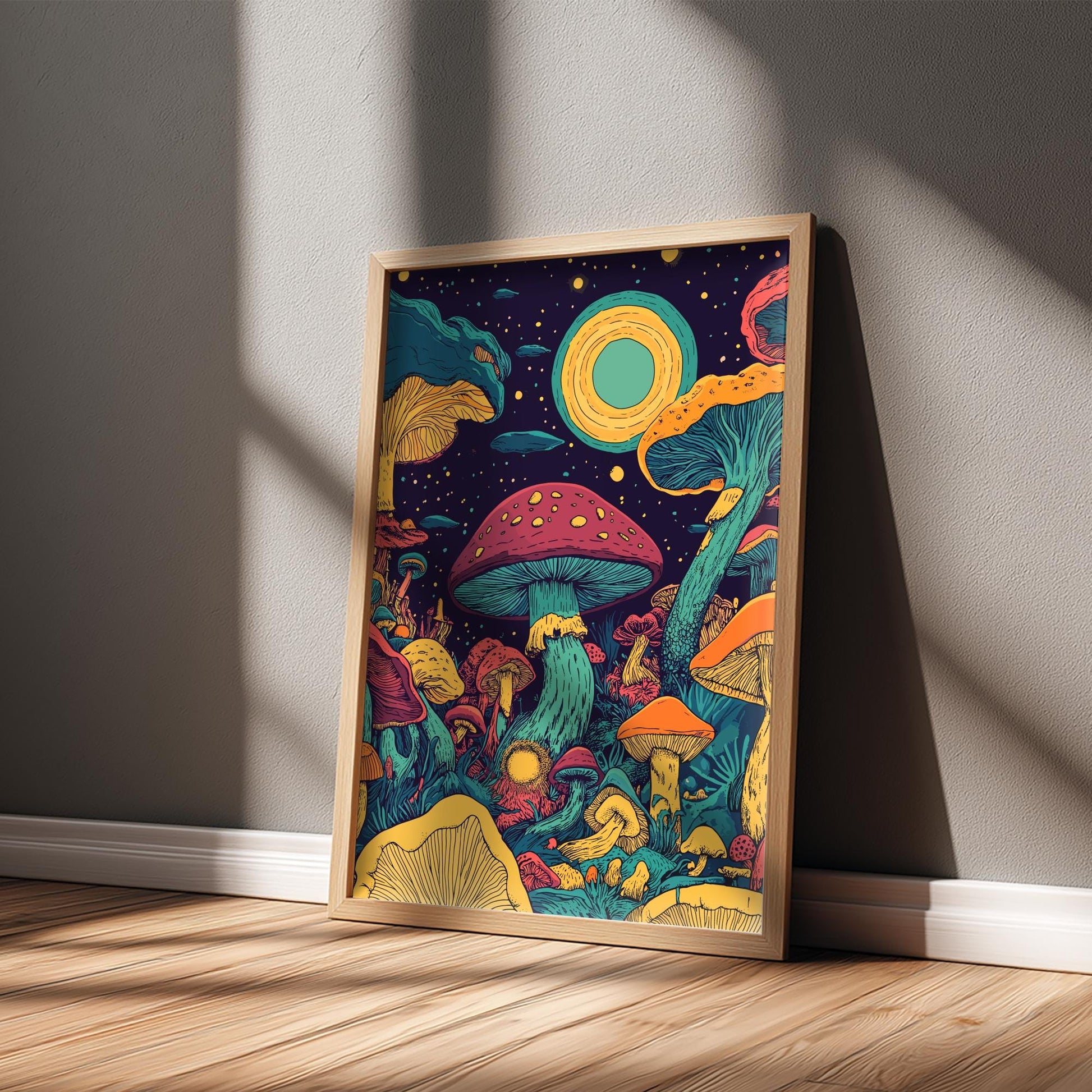 Mystic Mycelium Poster – Surreal Magical Mushroom Forest Wall Art, Glowing Fungi & Cosmic Light Fantasy Landscape Print