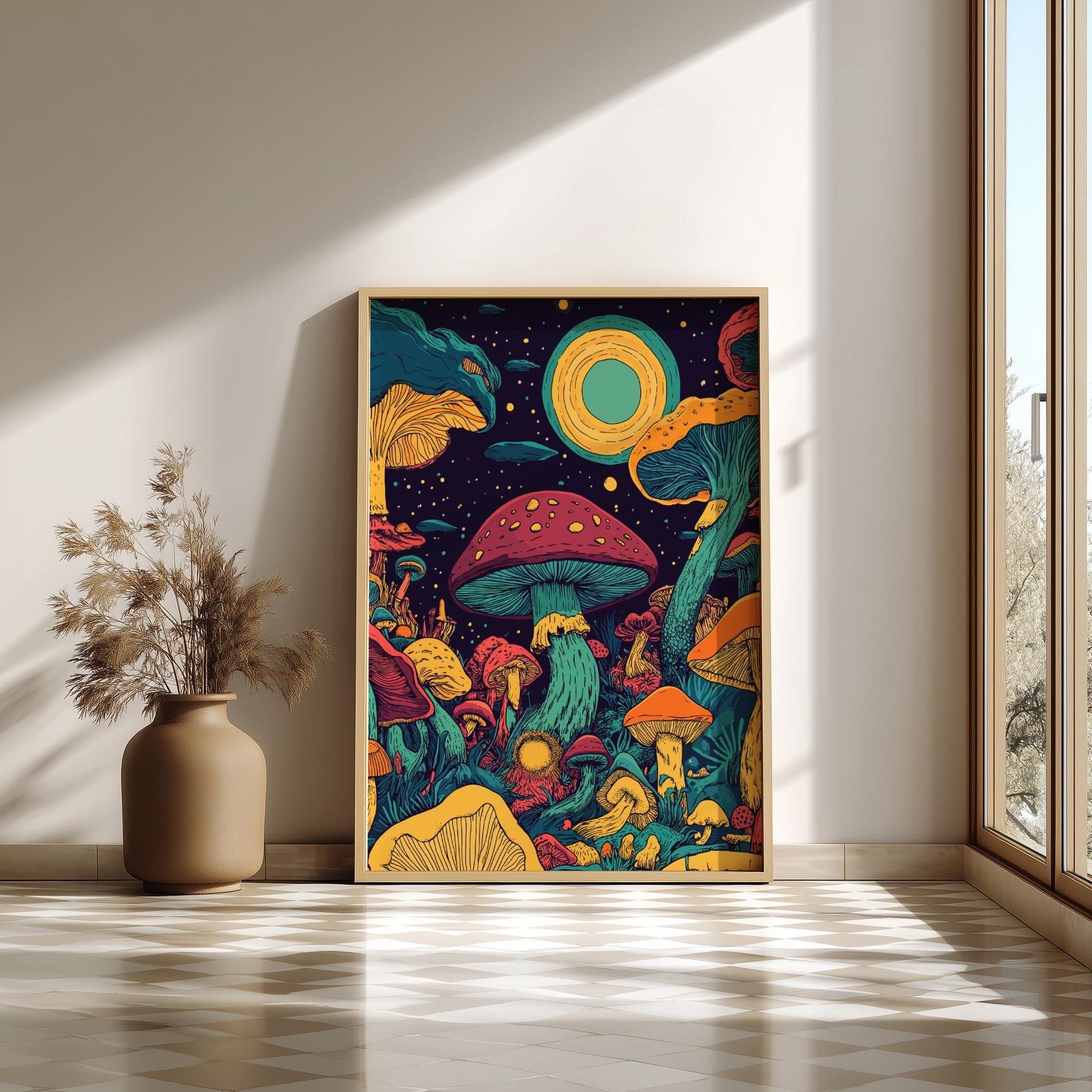Mystic Mycelium Poster – Surreal Magical Mushroom Forest Wall Art, Glowing Fungi & Cosmic Light Fantasy Landscape Print